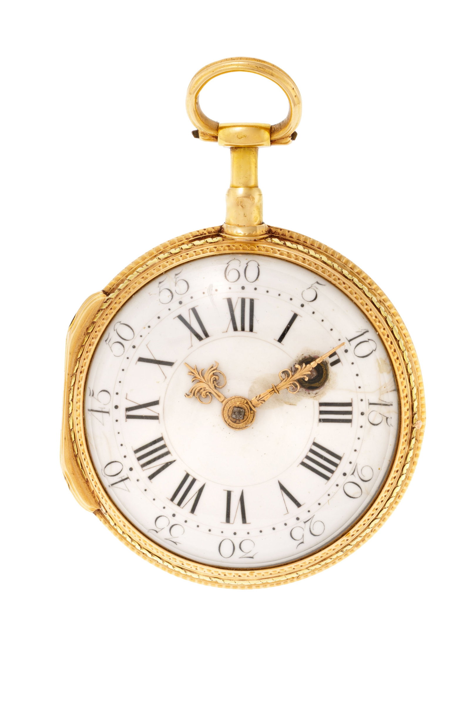 L’Epine à Paris, montre de poche à coq 3 ors ornée d’un portrait éma: L’Epine à Paris, montre de poche à coq 3 ors ornée d’un portrait émaillé d'une élégante, fin XVIIIe s. Mouvement: mécanique Boîtier: diam. 41