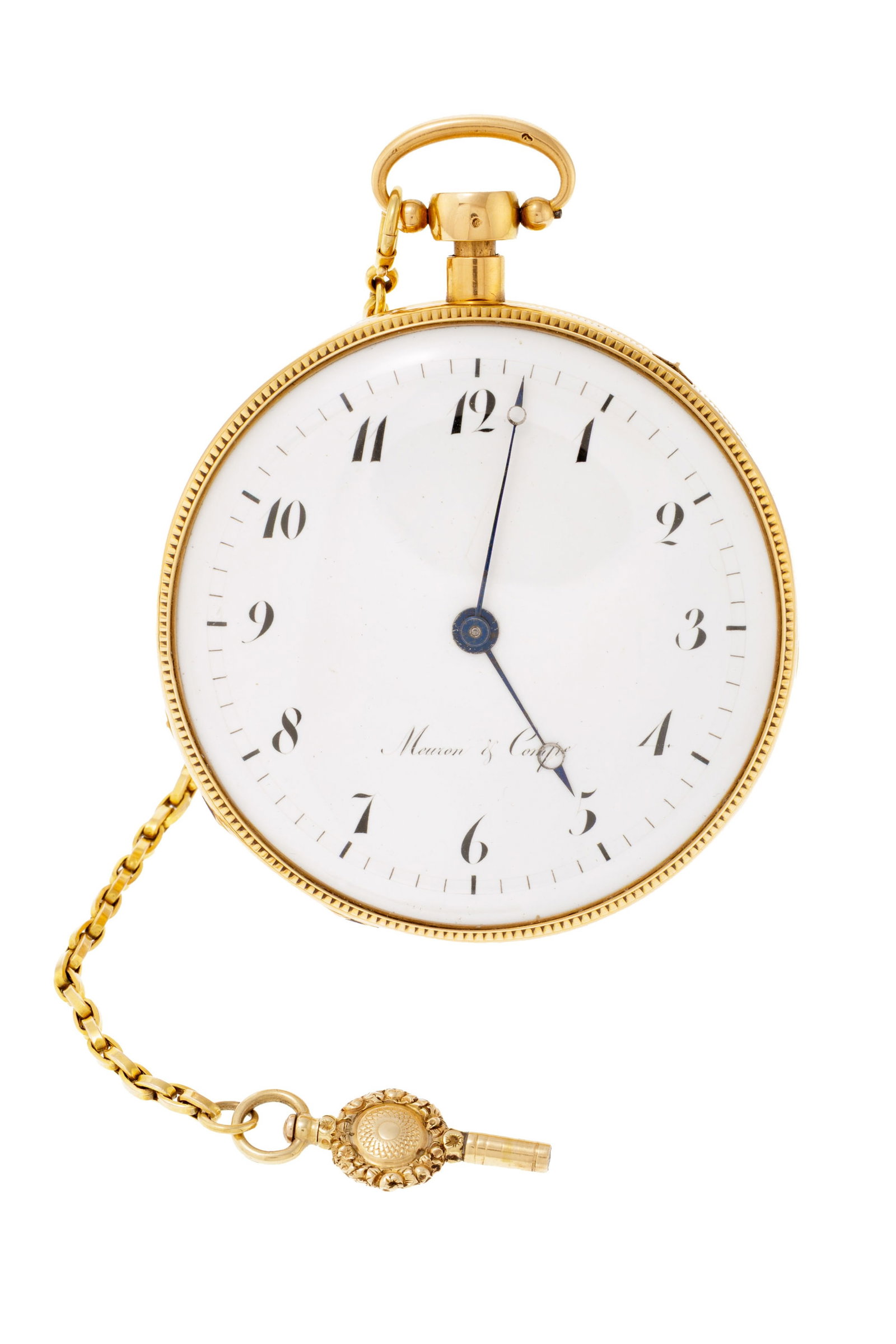 Meuron & Comp., montre de poche musicale en or 750 à répétition, fin XVIIIe s., d: Meuron & Comp., montre de poche musicale en or 750 à répétition, fin XVIIIe s., début XIXe s. Mouvement: mécanique Boîtier: n°2405, diam. 60 mm Complications: