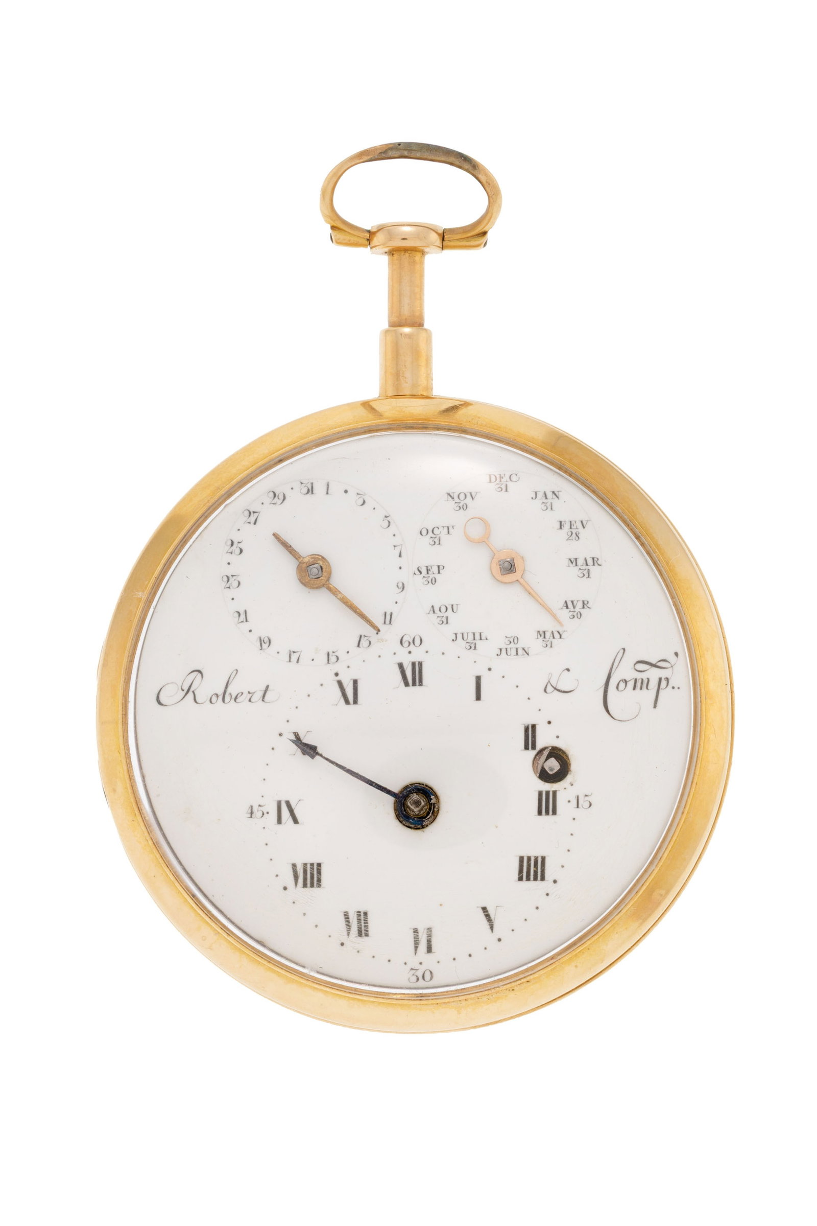Robert & Comp., montre de poche à coq en or 750 avec indication du mois et de la date, XIXe s. : Robert & Comp., montre de poche à coq en or 750 avec indication du mois et de la date, XIXe s. Mouvement: mécanique Boîtier: n°51431, diam. 54 mm Complications: indication du mois