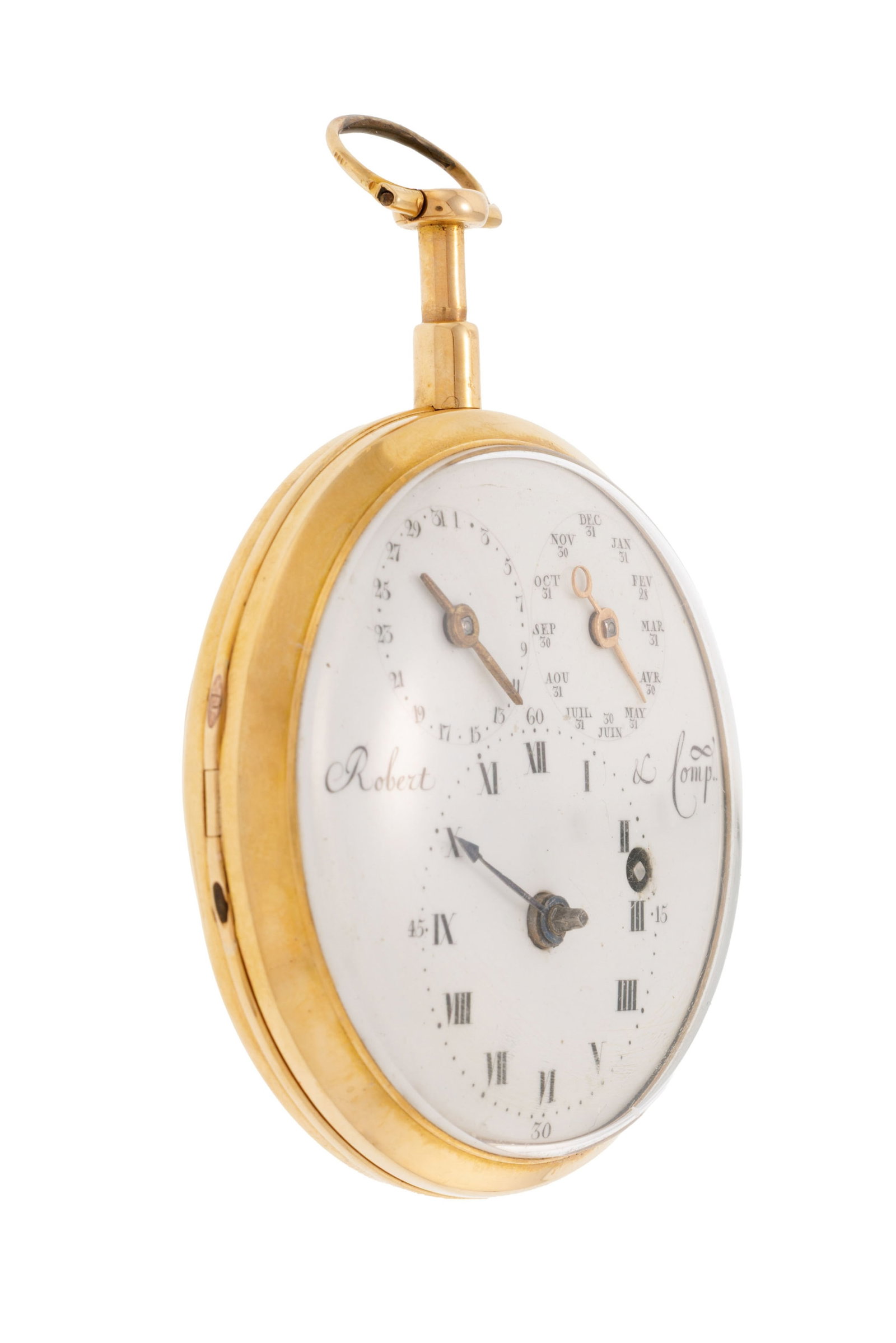 Robert & Comp., montre de poche à coq en or 750 avec indication du mois et de la date, XIXe s.  - 2