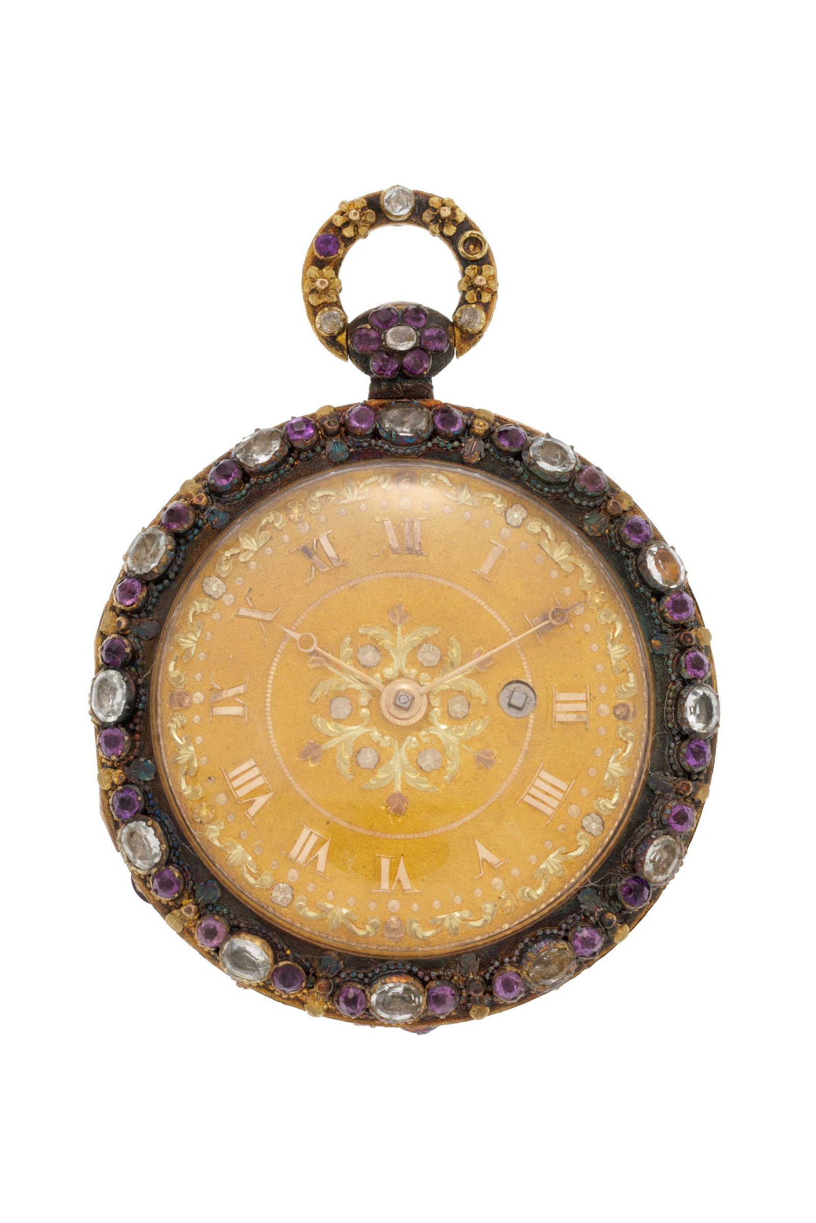Montre de poche en or à motif floral ornée de pâte de verre violette et incolore, XIX: Montre de poche en or à motif floral ornée de pâte de verre violette et incolore, XIXe s. Mouvement: mécanique Boîtier: diam. 44 mm Poids: 57g Condition Etat