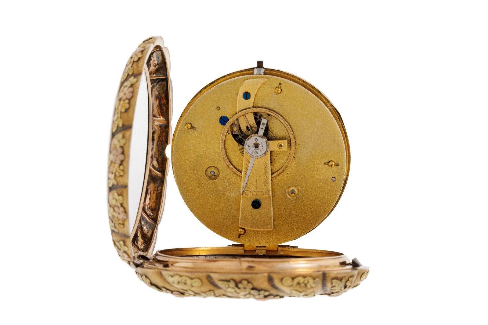 Montre de poche 3 ors 750 à motif floral, fin XIXe s. Mouvement: mécanique Boîtie - 5