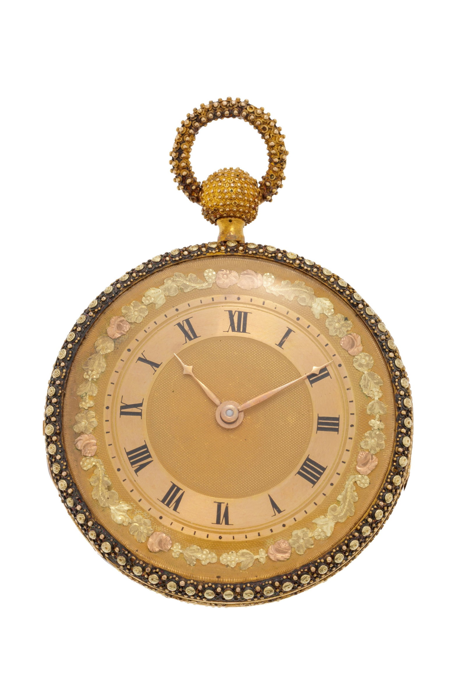 Gounouilhou à Genève, montre de poche en or 750 et laiton à répétition : Gounouilhou à Genève, montre de poche en or 750 et laiton à répétition à décor filigrané et perlé sertie de gemmes incolores avec foil coloré rose,