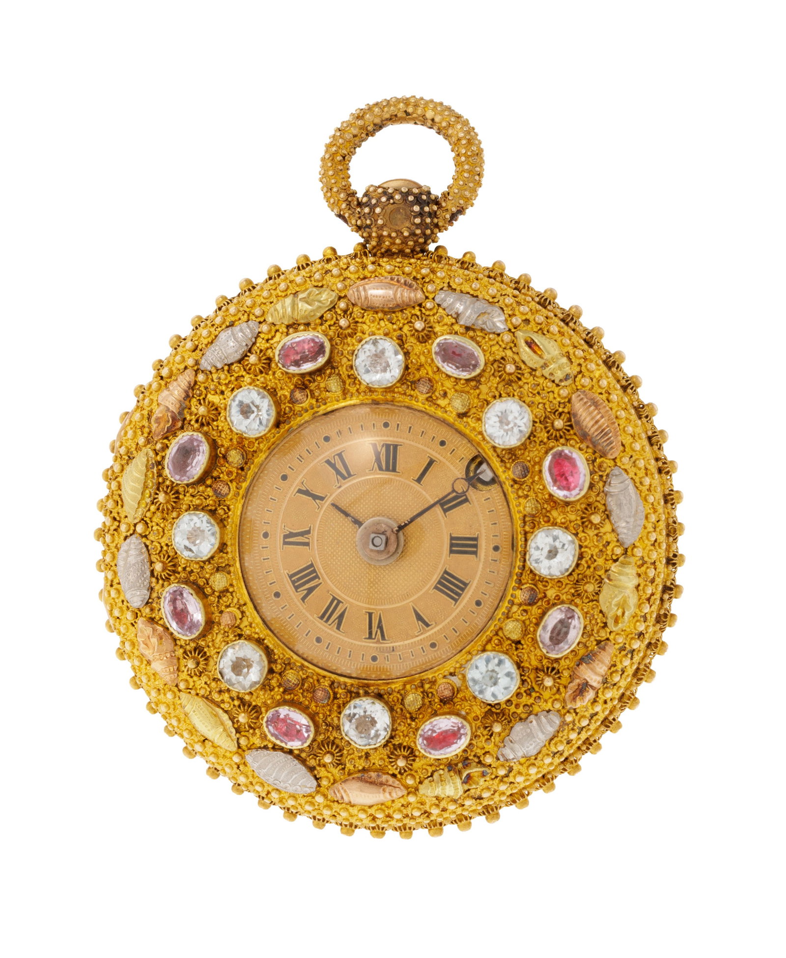 Leroy, montre de poche à coq en or 750 filigrané et perlé ornée de pâtes de: Leroy, montre de poche à coq en or 750 filigrané et perlé ornée de pâtes de verre, début XIXe s. Mouvement: mécanique, n°3744 Boîtier: n°18697, diam.