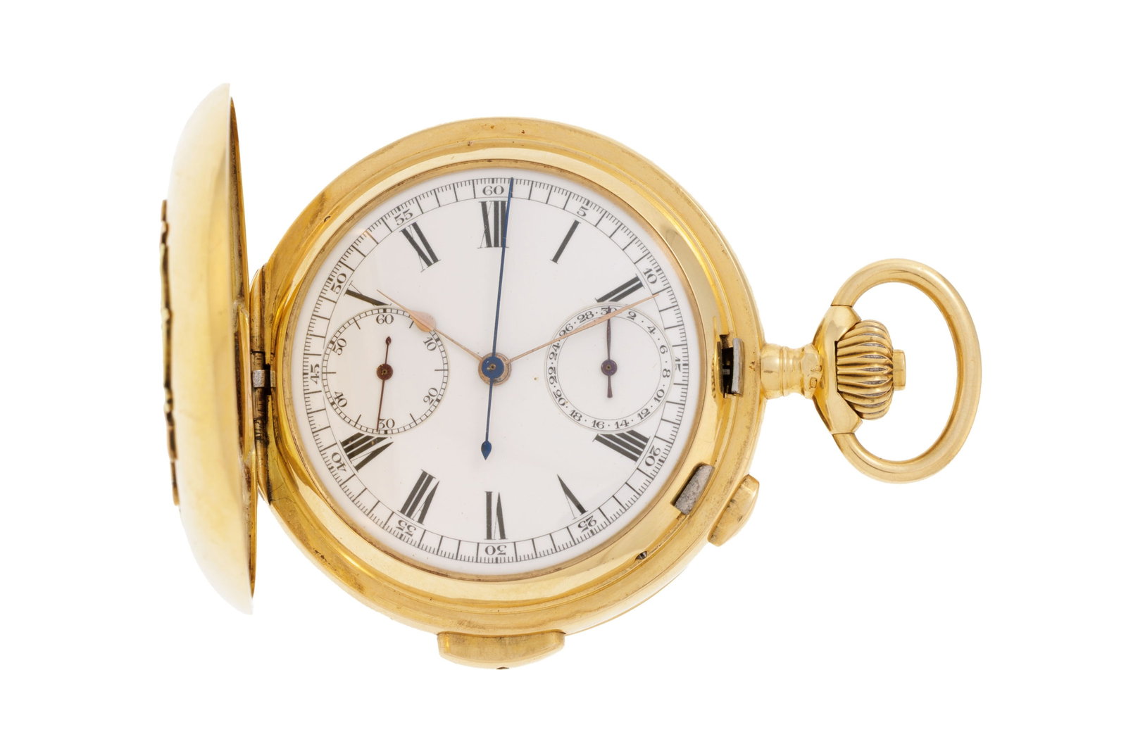 Montre de poche chronographe savonnette en or 750 à répétition, début XXe s. M: Montre de poche chronographe savonnette en or 750 à répétition, début XXe s. Mouvement Brevet n°31798: mécanique Boîtier: n°78530, diam. 53 mm Complication: