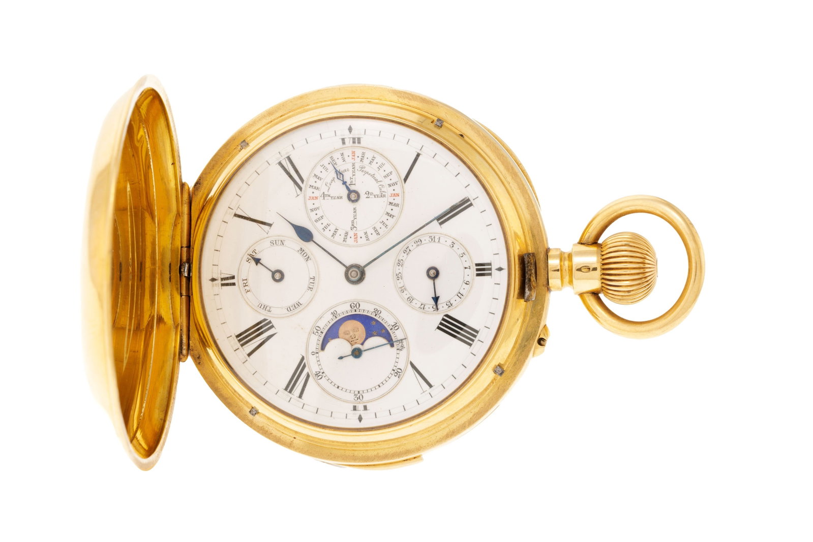 Montre de poche savonnette en or 750 à répétition avec calendrier perpétuel et p: Montre de poche savonnette en or 750 à répétition avec calendrier perpétuel et phases de lune, début XXe s. Mouvement: mécanique Boîtier: n°11254, diam. 53 mm