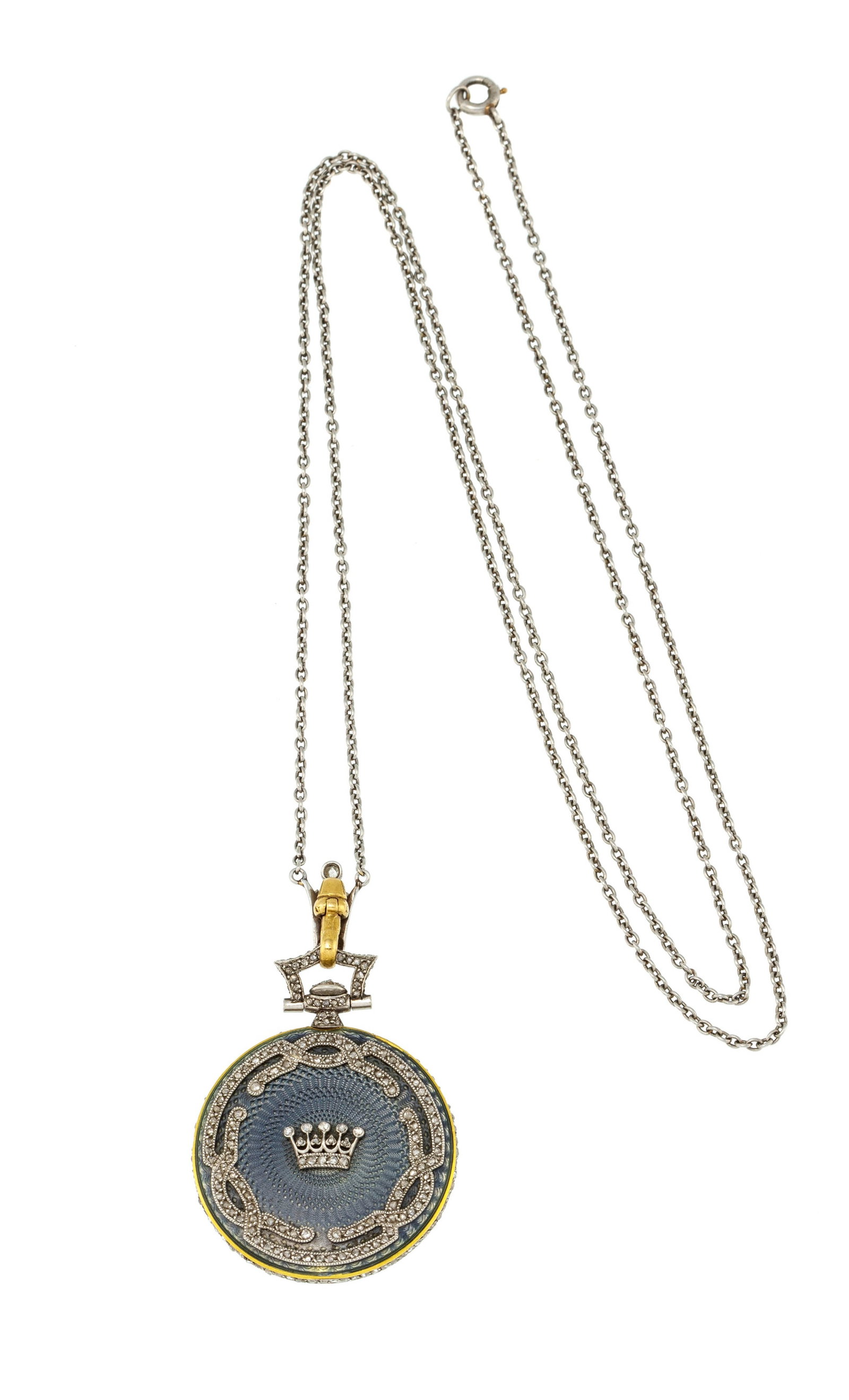 Tiffany&Co, montre de poche en or 750, platine et émail sertie de diamants sur sa chaîne : Tiffany&Co, montre de poche en or 750, platine et émail sertie de diamants sur sa chaîne Mouvement: mécanique Boîtier: n°81847, diam. 29 mm Signature: cadran Poids: 28g