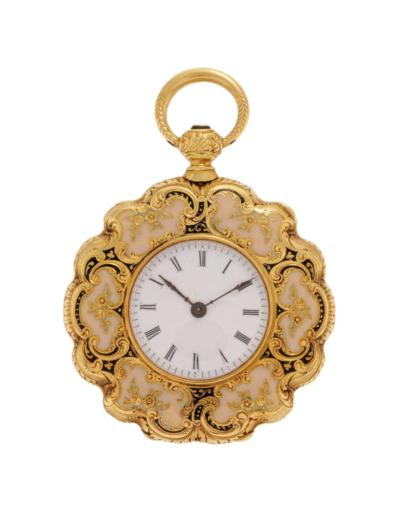 H. Bissen à Paris, montre de poche en or 750 et émail à décor d'un putti dans un: H. Bissen à Paris, montre de poche en or 750 et émail à décor d'un putti dans un jardin fleuri, 2ème partie XIXe s. Mouvement: mécanique Boîtier: n°12319/37504,