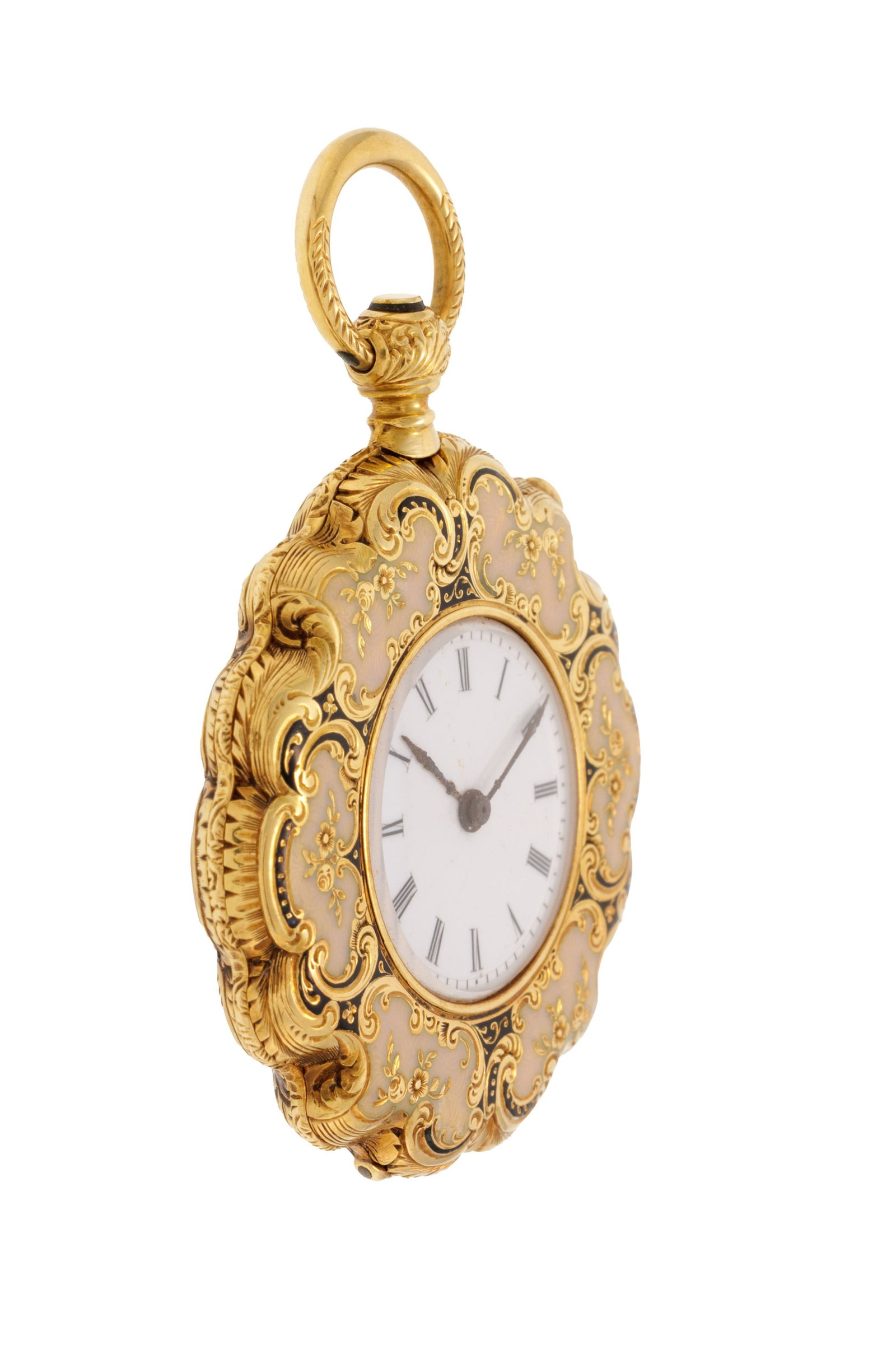 H. Bissen à Paris, montre de poche en or 750 et émail à décor d'un putti dans un - 2