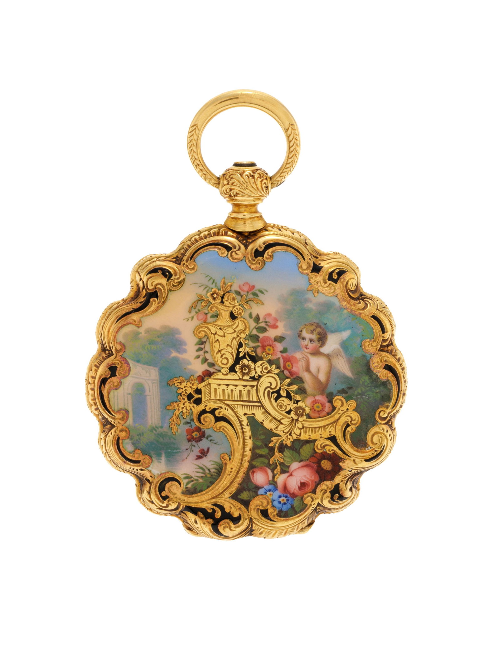 H. Bissen à Paris, montre de poche en or 750 et émail à décor d'un putti dans un - 3