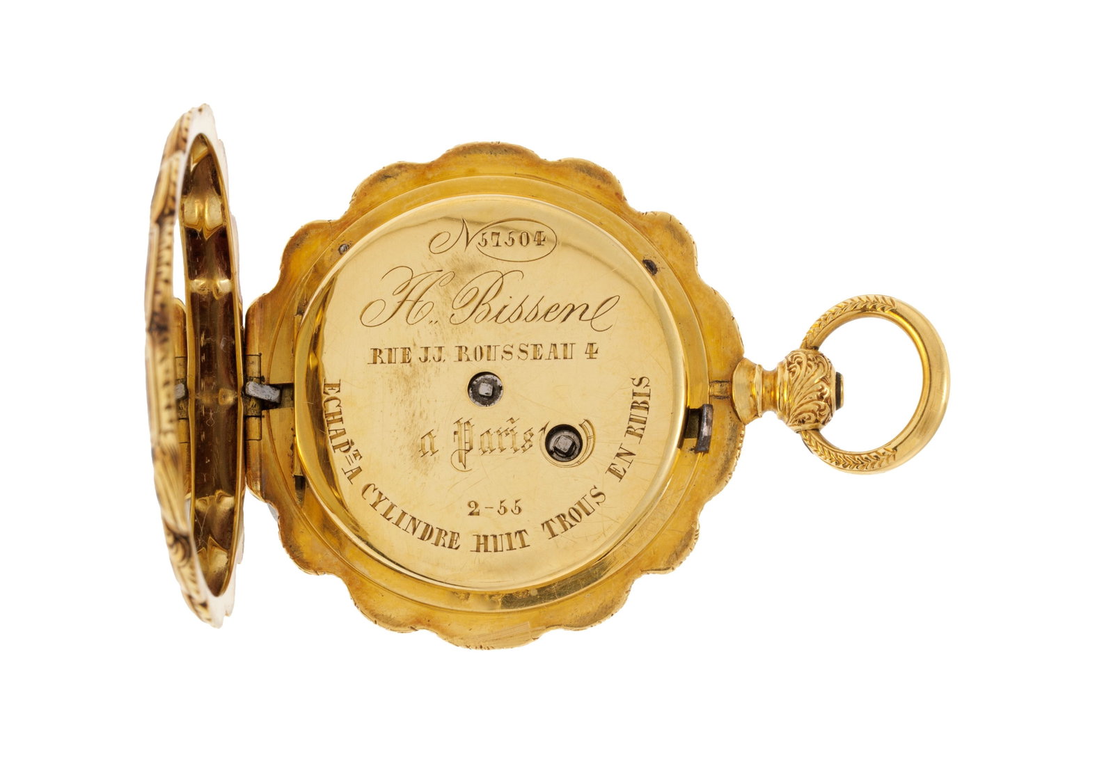 H. Bissen à Paris, montre de poche en or 750 et émail à décor d'un putti dans un - 4