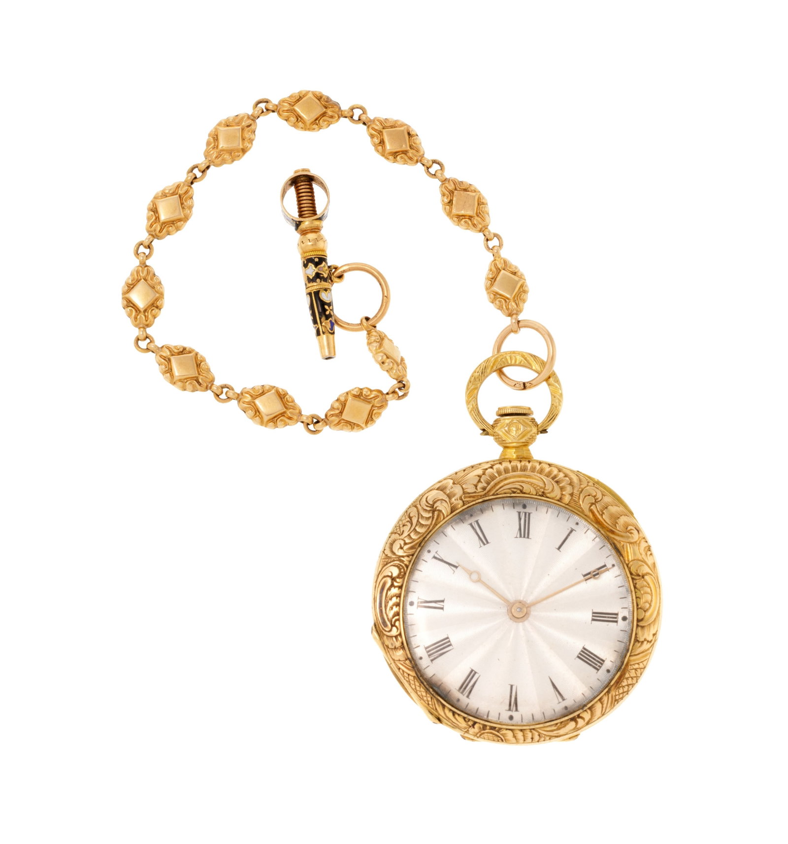 Bourdin à Paris, montre de poche en or 750 gravé ornée d'une scène en émail: Bourdin à Paris, montre de poche en or 750 gravé ornée d'une scène en émail polychrome retenant une chaîne en or rose avec une clé émaillée, XIXe s. Mouvem