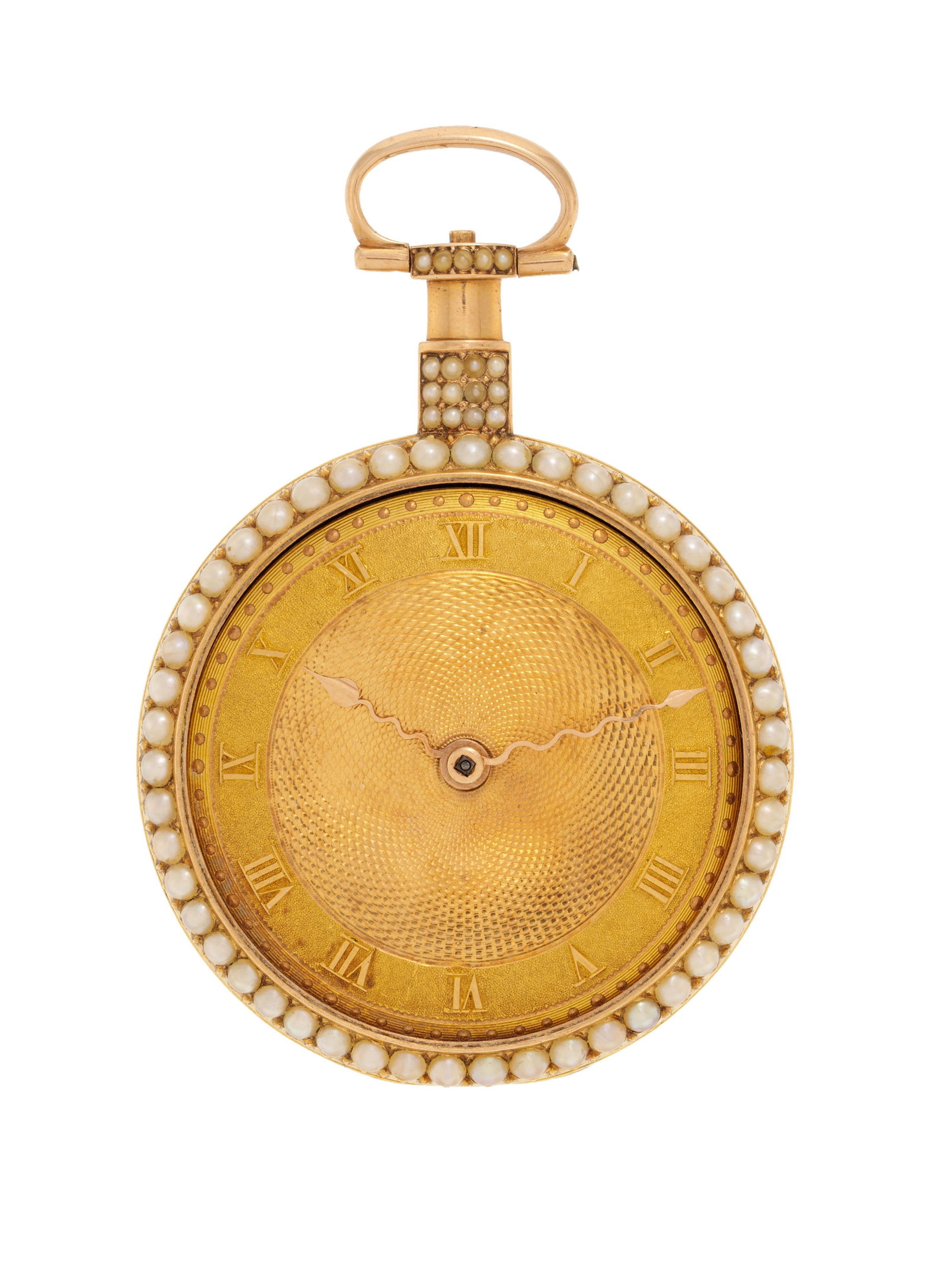 Rundell & Bridge London, montre de poche à coq or 750 et émail ornée de demi perles, : Rundell & Bridge London, montre de poche à coq or 750 et émail ornée de demi perles, fin XVIIIe s. Mouvement: mécanique Boîtier: n°3293, diam. 49 mm Signature: