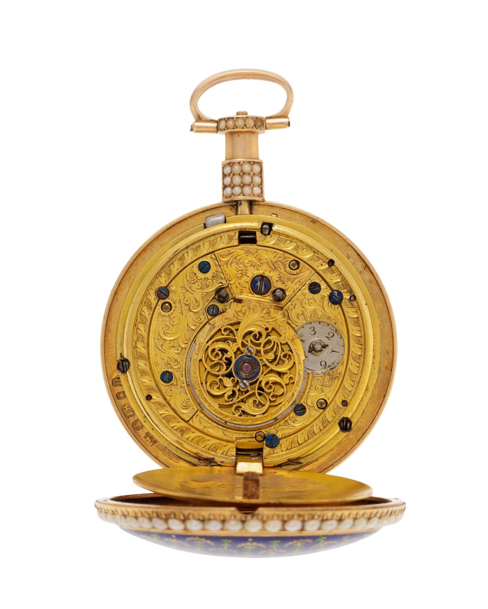 Rundell & Bridge London, montre de poche à coq or 750 et émail ornée de demi perles,  - 5