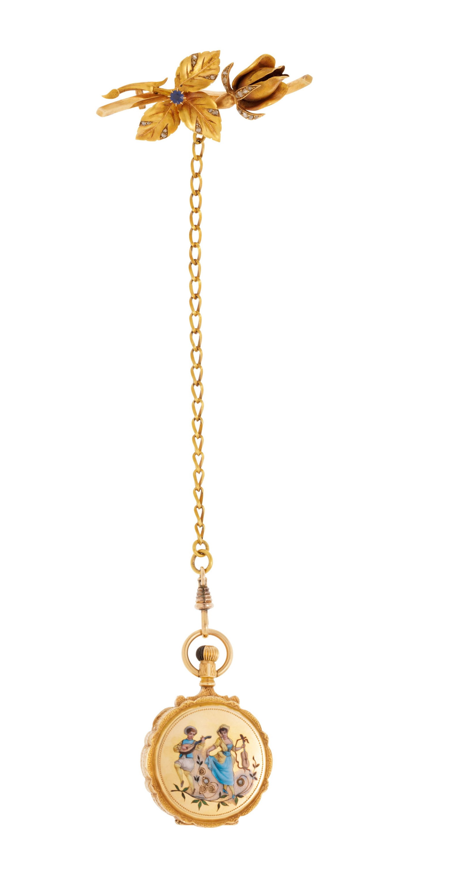 Montre de poche savonnette en or 750 au décor émaillé de musiciens sertie de diamants - 3