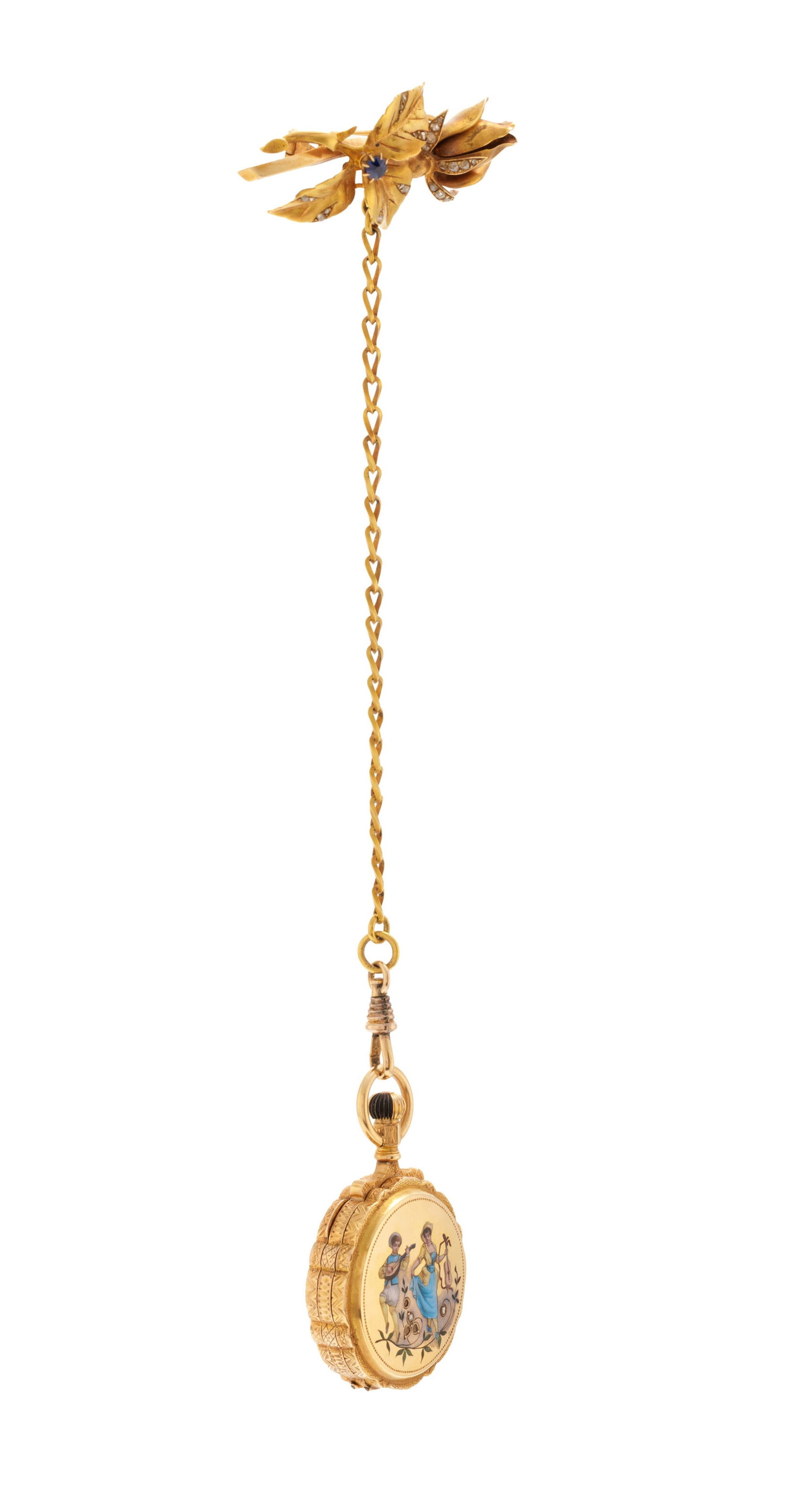 Montre de poche savonnette en or 750 au décor émaillé de musiciens sertie de diamants - 4