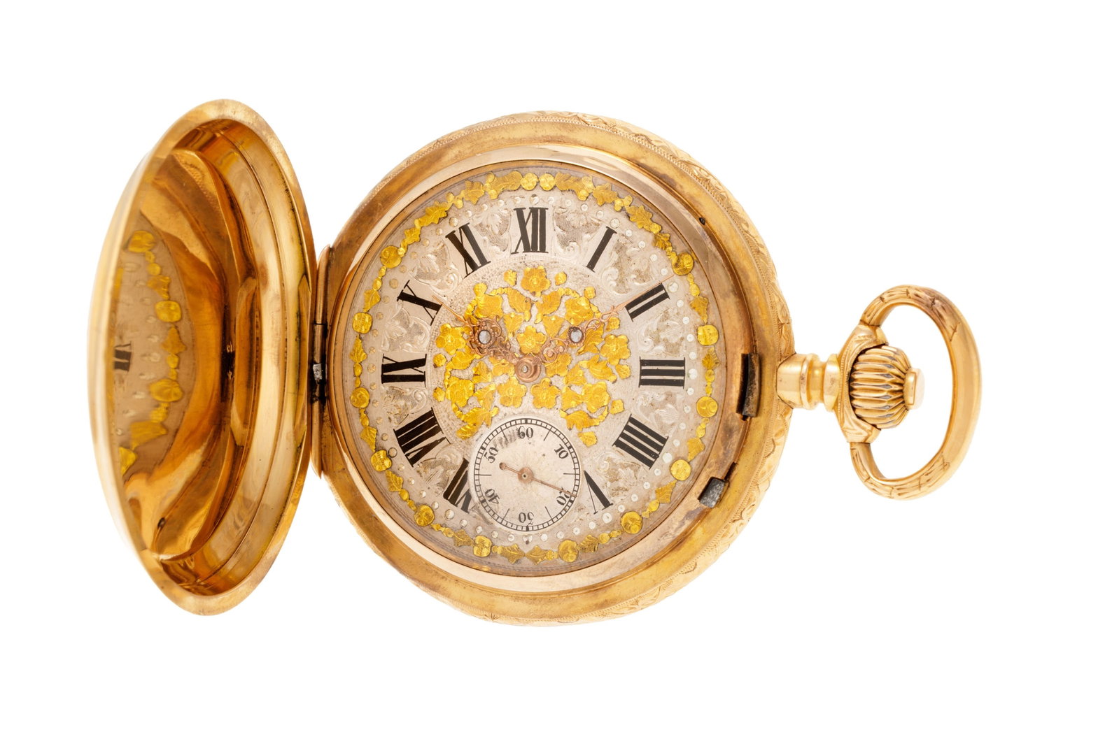 Montre de poche savonnette petite seconde 2 ors 750 gravée de griffons et de motifs floraux, Ge: Montre de poche savonnette petite seconde 2 ors 750 gravée de griffons et de motifs floraux, Genève, fin XIXe s. Mouvement: mécanique Boîtier: n°15295/29042, diam. 53 mm