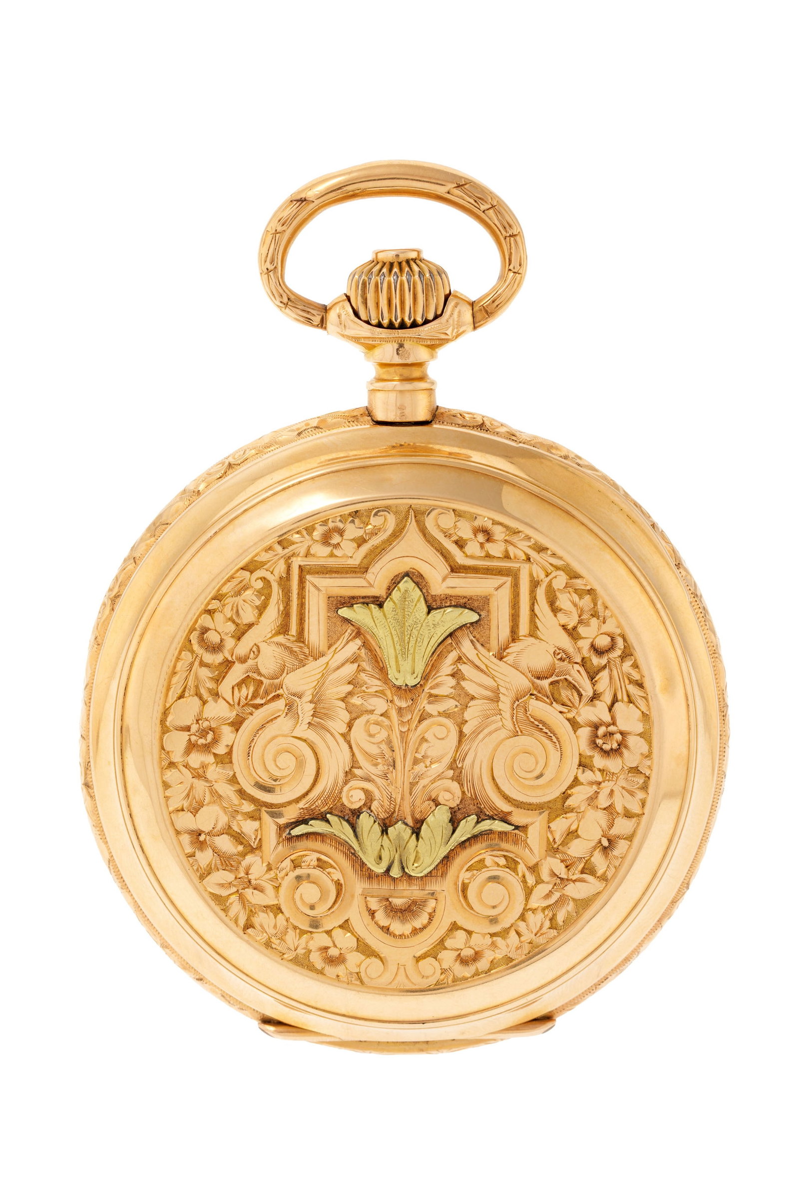 Montre de poche savonnette petite seconde 2 ors 750 gravée de griffons et de motifs floraux, Ge - 2