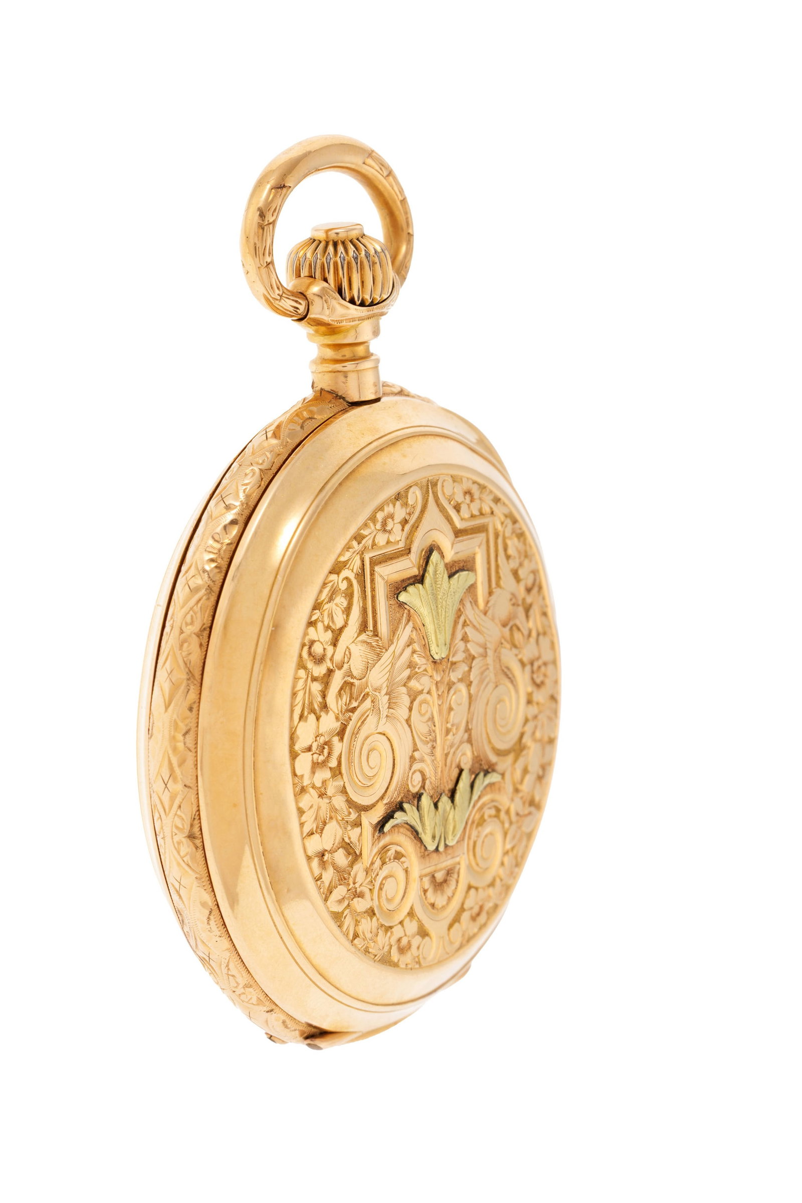 Montre de poche savonnette petite seconde 2 ors 750 gravée de griffons et de motifs floraux, Ge - 3