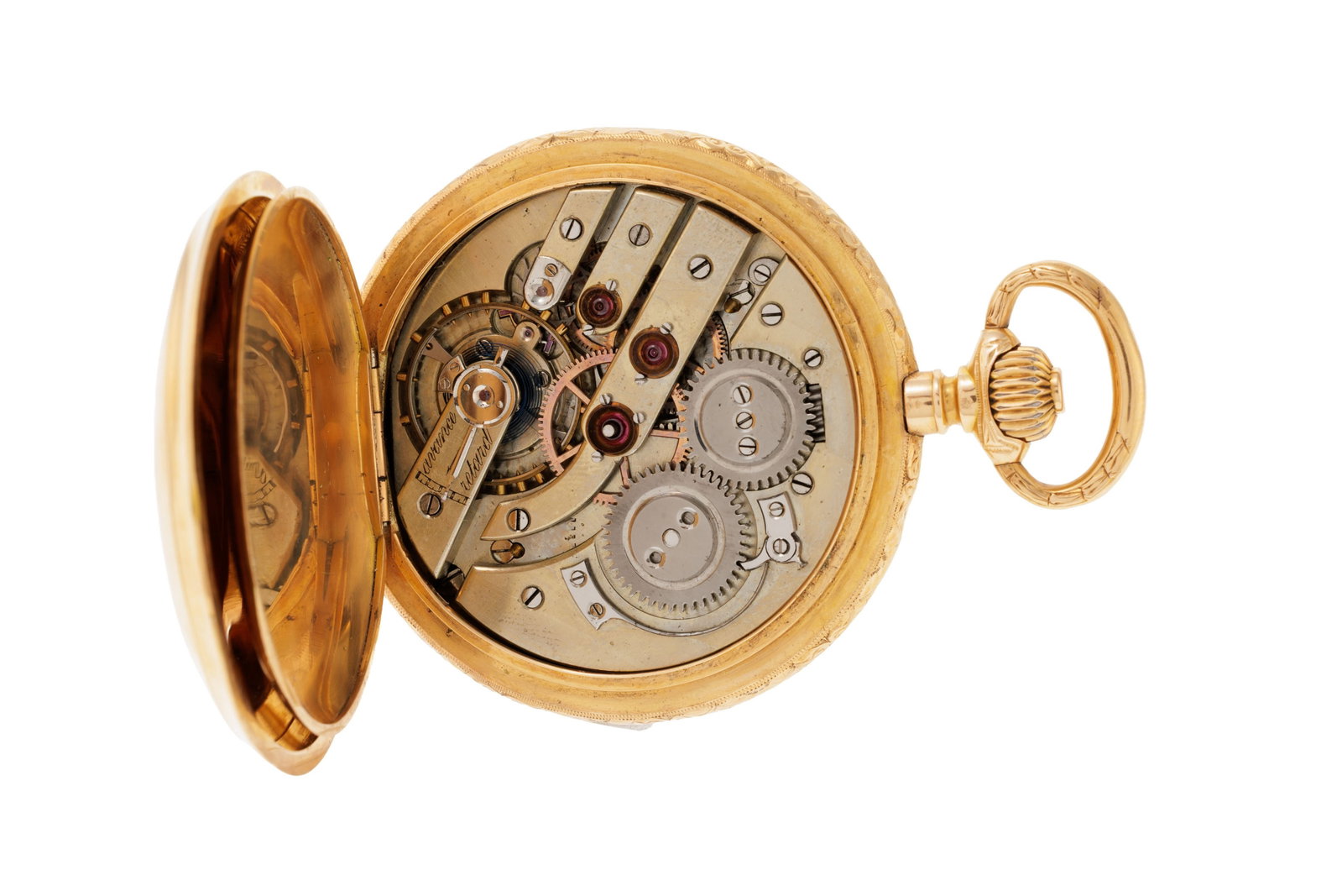 Montre de poche savonnette petite seconde 2 ors 750 gravée de griffons et de motifs floraux, Ge - 6