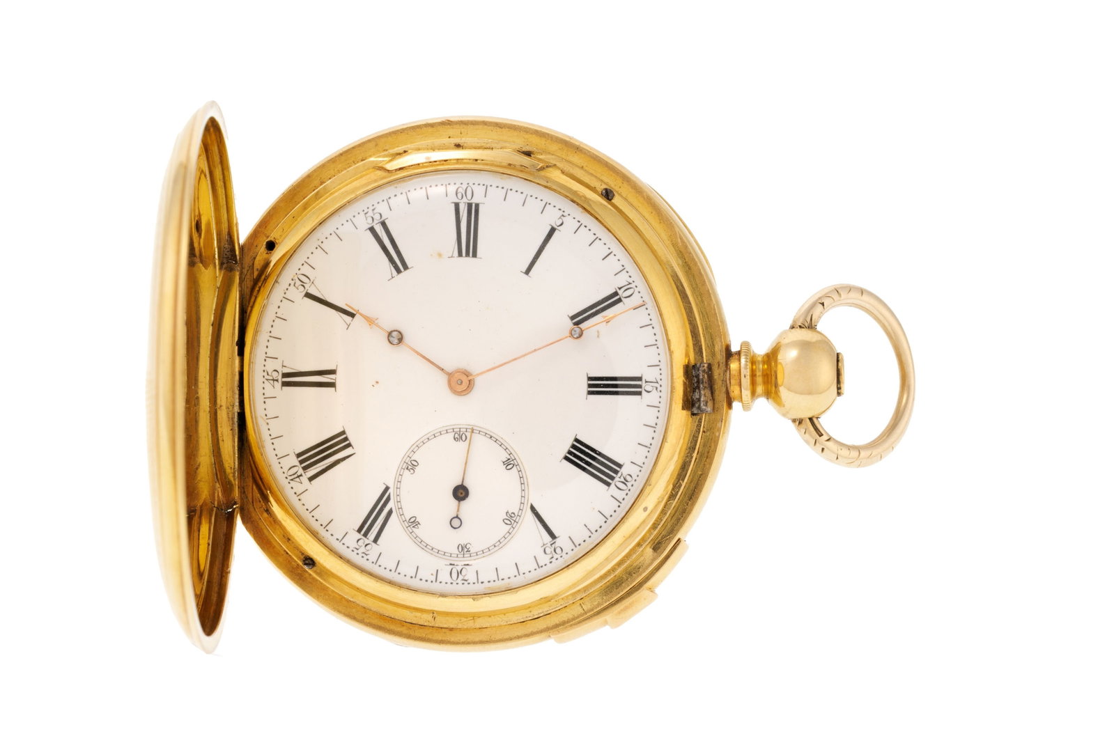 Humbert Ramuz, montre de poche petite seconde savonnette en or 750 avec système de remontage co: Humbert Ramuz, montre de poche petite seconde savonnette en or 750 avec système de remontage connecté au cache avant, couronne pour le réglage de l'heure cachée, fin XIXe s. Mouvem