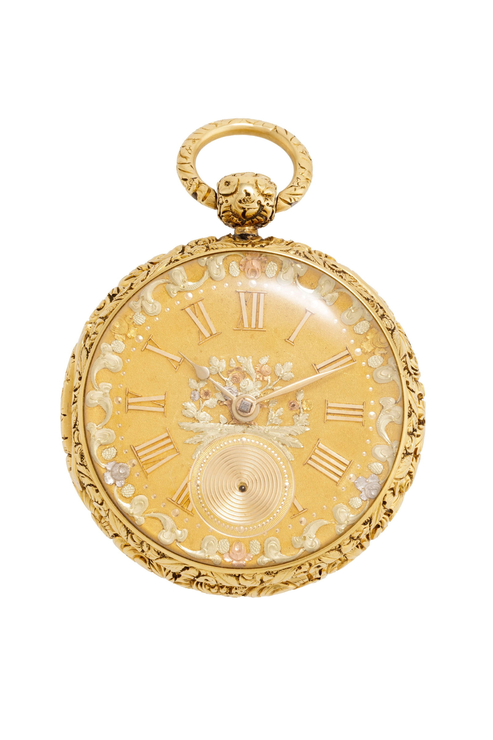 Joseph Johnson Liverpool, montre de poche petite seconde en or 750 à décor floral, dé: Joseph Johnson Liverpool, montre de poche petite seconde en or 750 à décor floral, début XIXe s. Mouvement: mécanique Boîtier: n°4820, diam. 54 mm Complication: compteur 