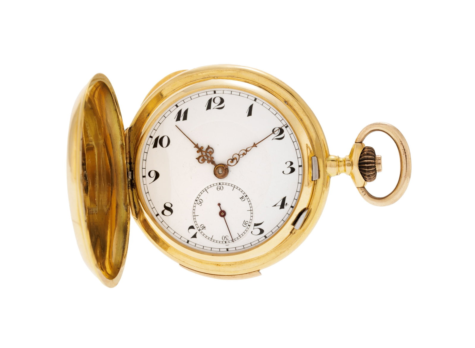 Montre de poche petite seconde en or 750 à répétition ornée d'un automate é: Montre de poche petite seconde en or 750 à répétition ornée d'un automate érotique émaillé à décor oriental dans la cuvette Mouvement: mécanique Bo