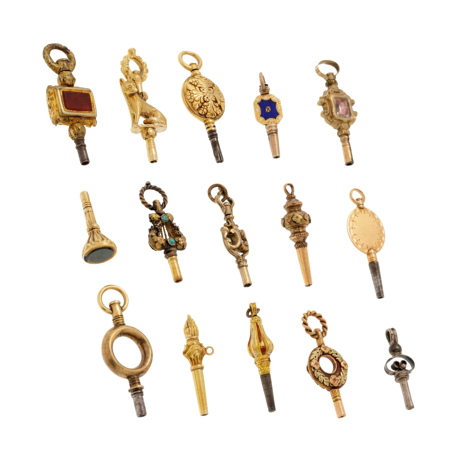Lot de 25 clés de remontage de montre de poche en or, acier et laiton, h. 2.7 à 4.7 cm, 90 - 2