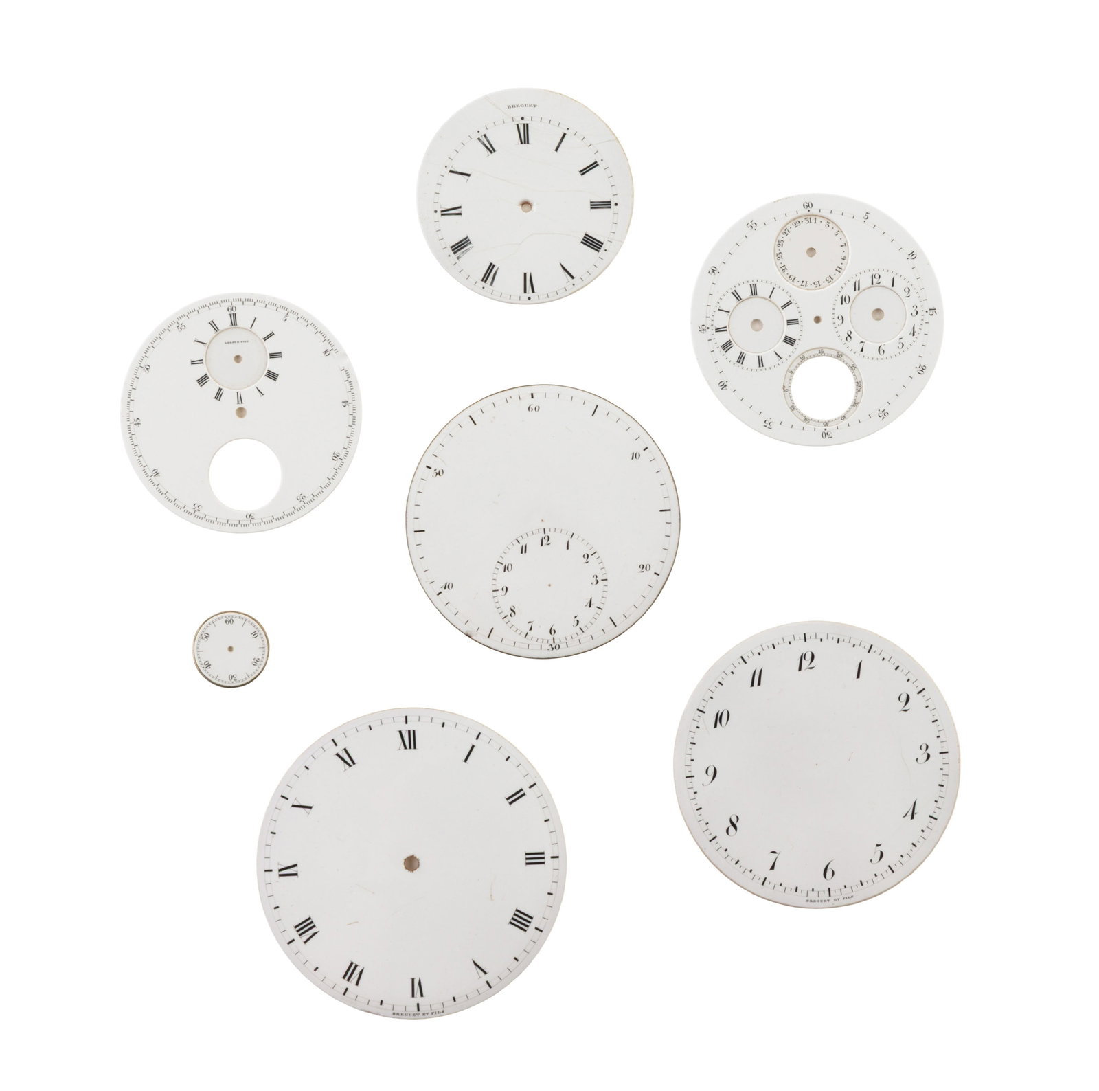 Lot de 6 cadrans de montre de poche en émail blanc comprenant un Breguet, un Breguet & Fils et : Lot de 6 cadrans de montre de poche en émail blanc comprenant un Breguet, un Breguet & Fils et un Leroy & Fils