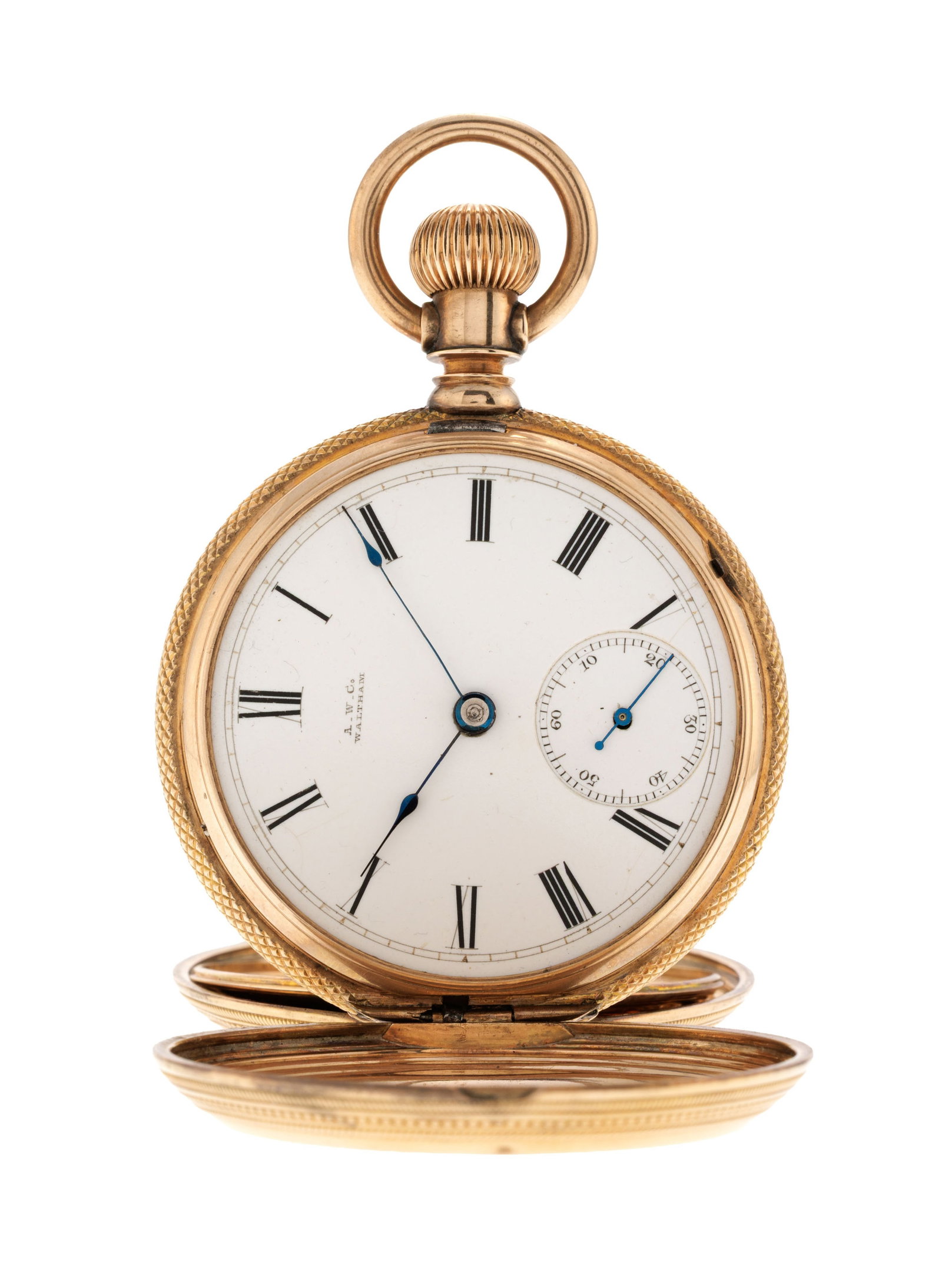 Waltham, montre de poche petite seconde en métal doré à décor de vignes Mouvem: Waltham, montre de poche petite seconde en métal doré à décor de vignes Mouvement: mécanique, n°2386529 Boîtier: n°J2034, diam. 53 mm Complication: compteur sub