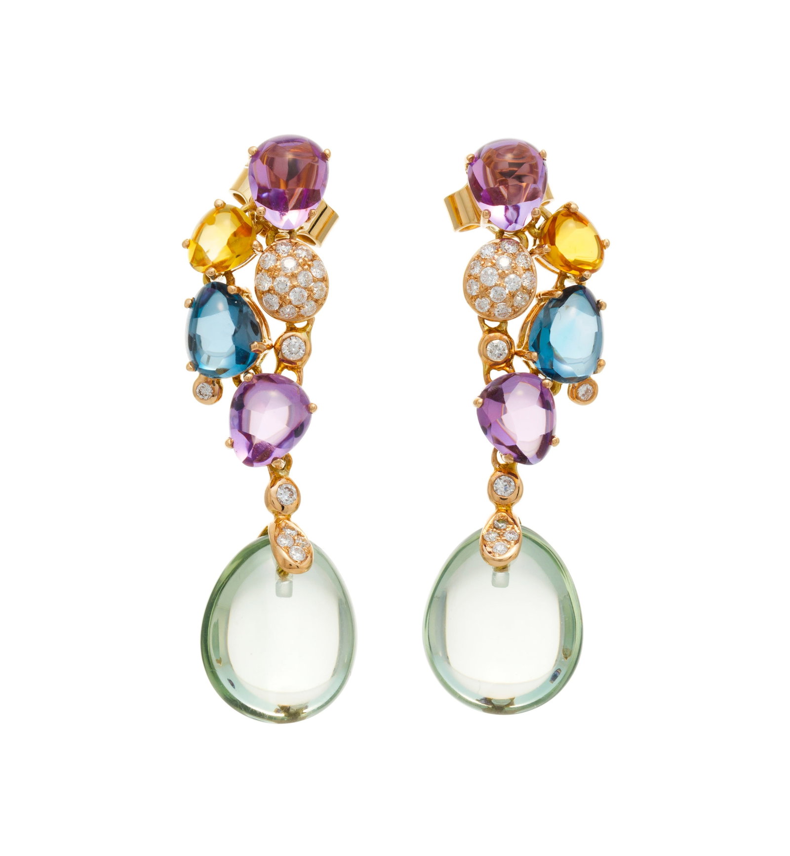 Bucherer, paire de pendants d'oreilles or rose 750 sertis de gouttes d'améthyste, de topaze, de (1 of 4)
