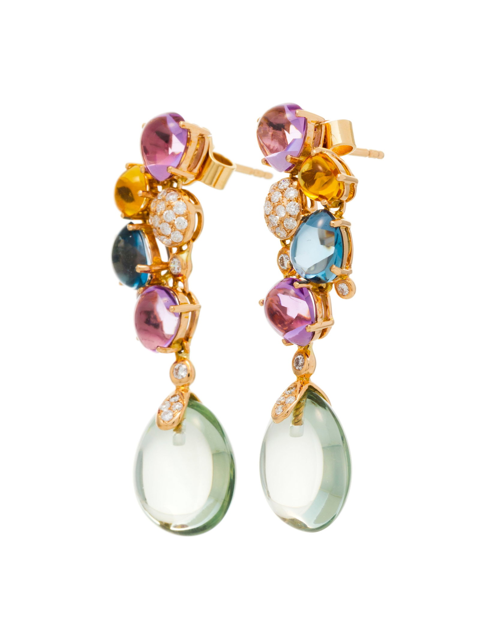 Bucherer, paire de pendants d'oreilles or rose 750 sertis de gouttes d'améthyste, de topaze, de - 2