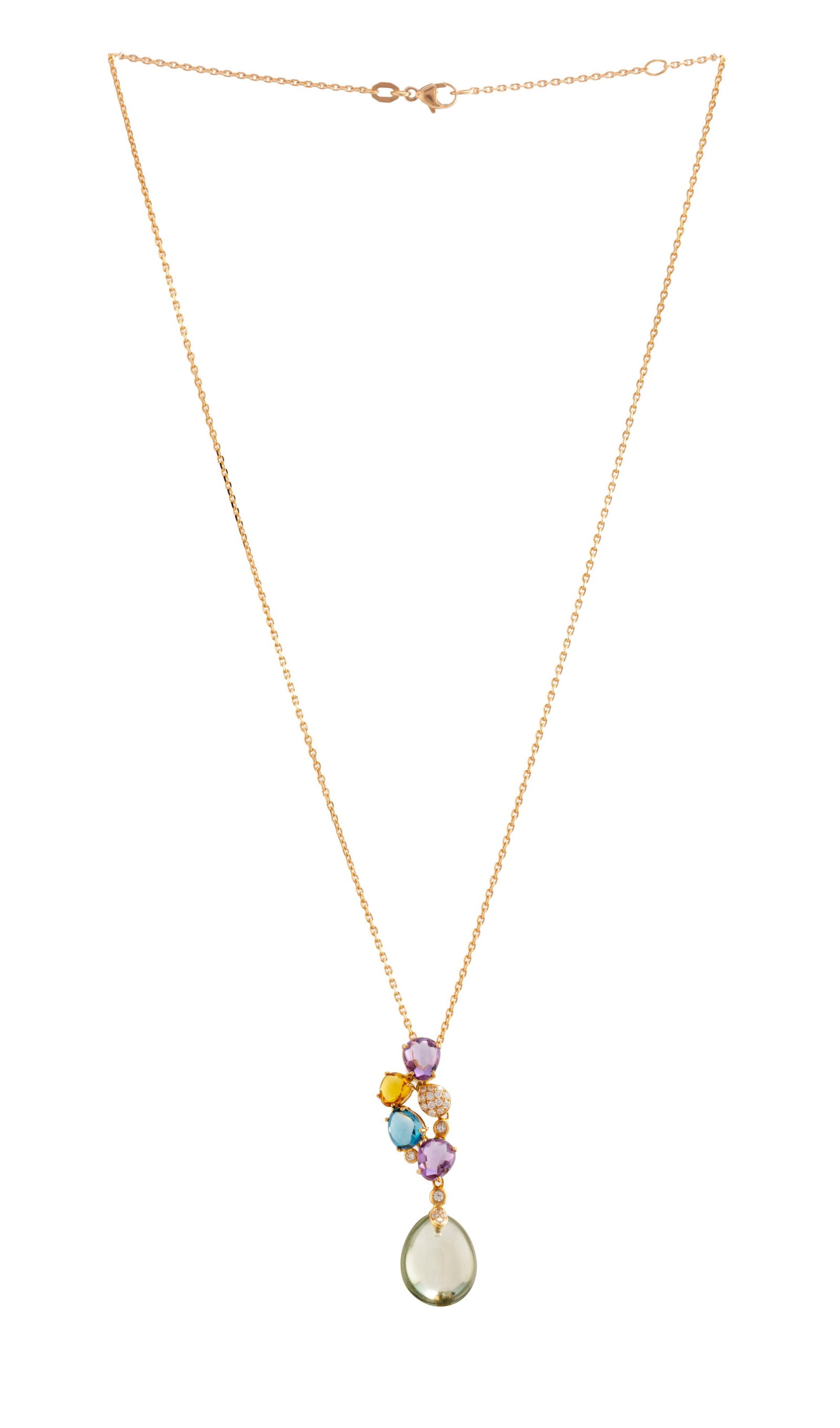 Bucherer, pendentif en or rose 750 serti de gouttes d'améthyste, de citrine, de topaze et de qu: Bucherer, pendentif en or rose 750 serti de gouttes d'améthyste, de citrine, de topaze et de quartz vert rehaussées de diamants taille brillant, sur sa chaîne en or rose 750 à