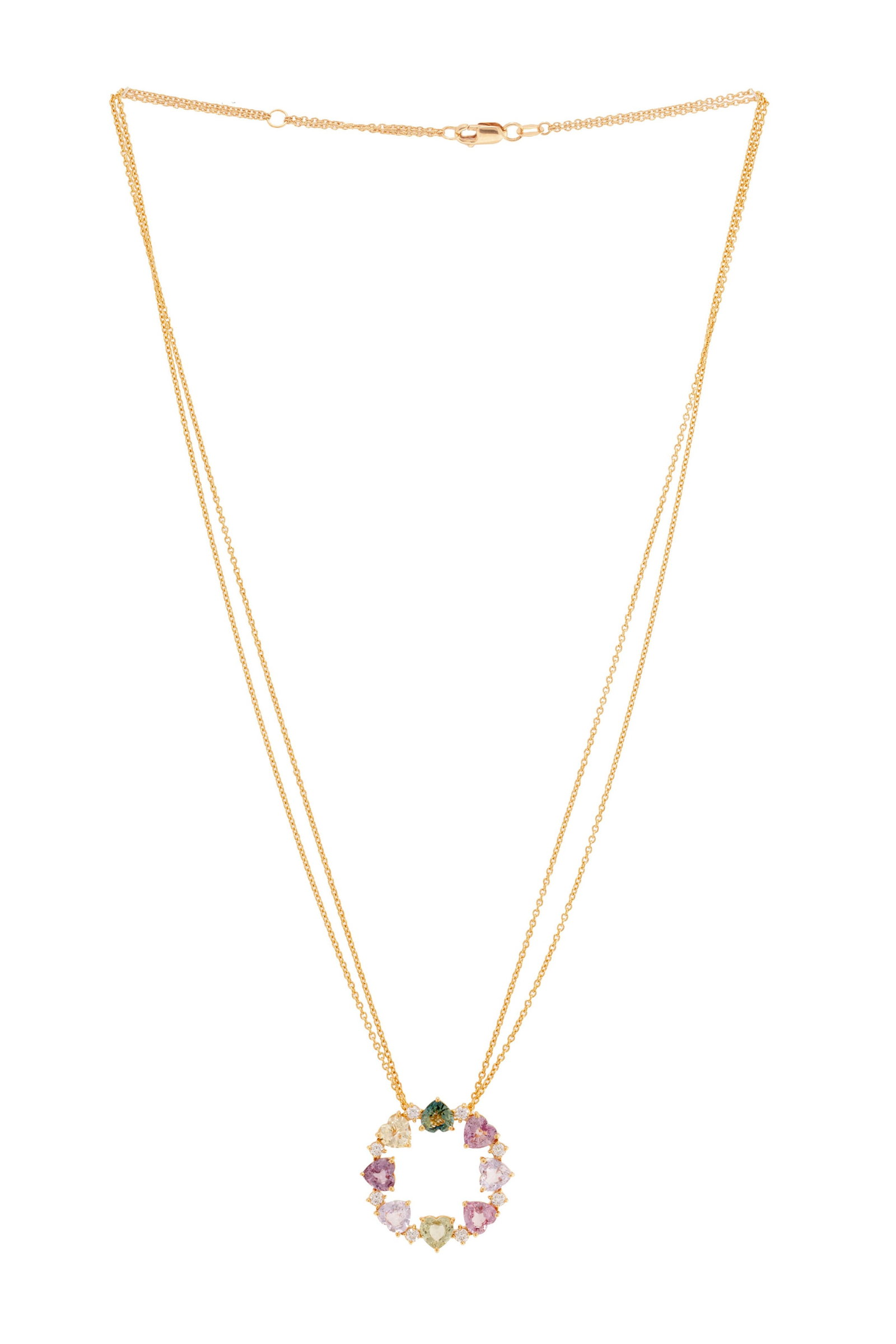 Bucherer, pendentif circulaire en or rose 750 serti de saphirs de couleur taillés en cœur : Bucherer, pendentif circulaire en or rose 750 serti de saphirs de couleur taillés en cœur alternés de diamants taille brillant, sur sa chaîne double en or 750 à maille
