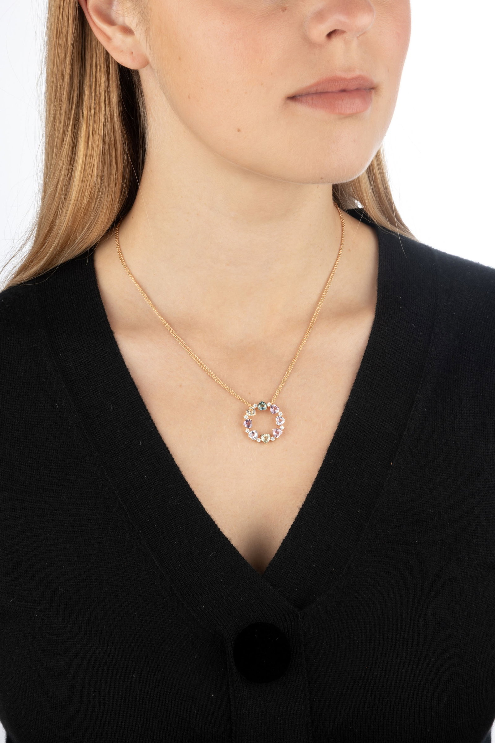 Bucherer, pendentif circulaire en or rose 750 serti de saphirs de couleur taillés en cœur  - 4