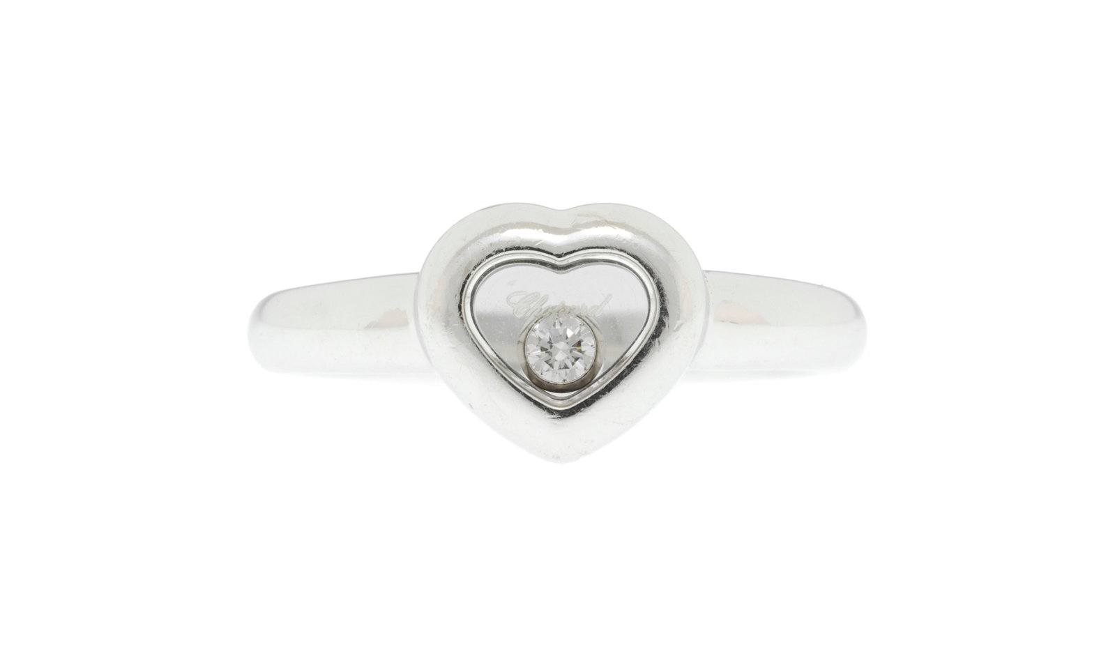 Chopard, Happy Diamonds, bague cœur or gris 750 ornée d'un diamant mobile entre deux plaqu: Chopard, Happy Diamonds, bague cœur or gris 750 ornée d'un diamant mobile entre deux plaques de verre, signée, numérotée, doigt 50-10 Condition Bon état de conservation