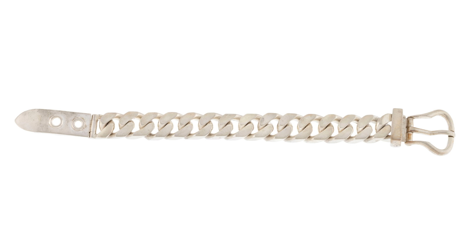 Hermès, bracelet ceinture en argent à maille gourmette, poinçon de maître Emile : Hermès, bracelet ceinture en argent à maille gourmette, poinçon de maître Emile Hermès, signé, long. 20 ou 21 cm Condition Bon état de conservation