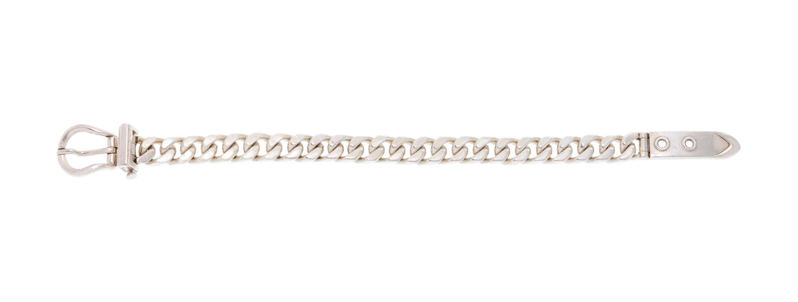 Hermès, bracelet ceinture en argent à maille gourmette, poinçon de maître Emile : Hermès, bracelet ceinture en argent à maille gourmette, poinçon de maître Emile Hermès, long. 18.5 ou 19.5 cm Condition Bon état de conservation général.