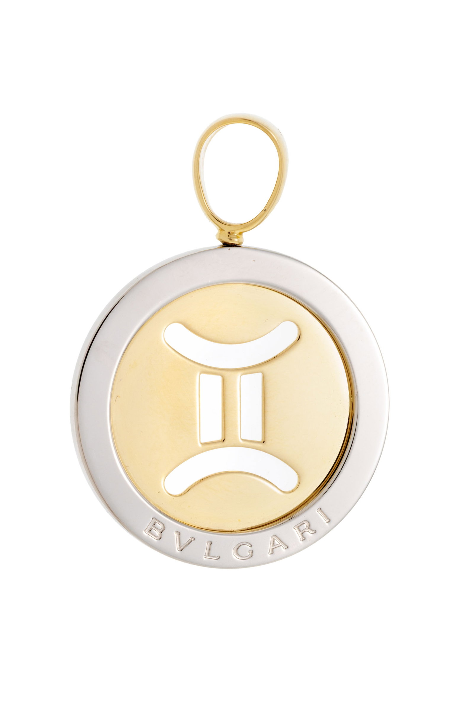 Bulgari, pendentif or 750 et acier ajouré du symbole des gémeaux, signé, h. 4.3 cm, 1: Bulgari, pendentif or 750 et acier ajouré du symbole des gémeaux, signé, h. 4.3 cm, 12g Condition Bon état de conservation général. Présence de rayures et micro