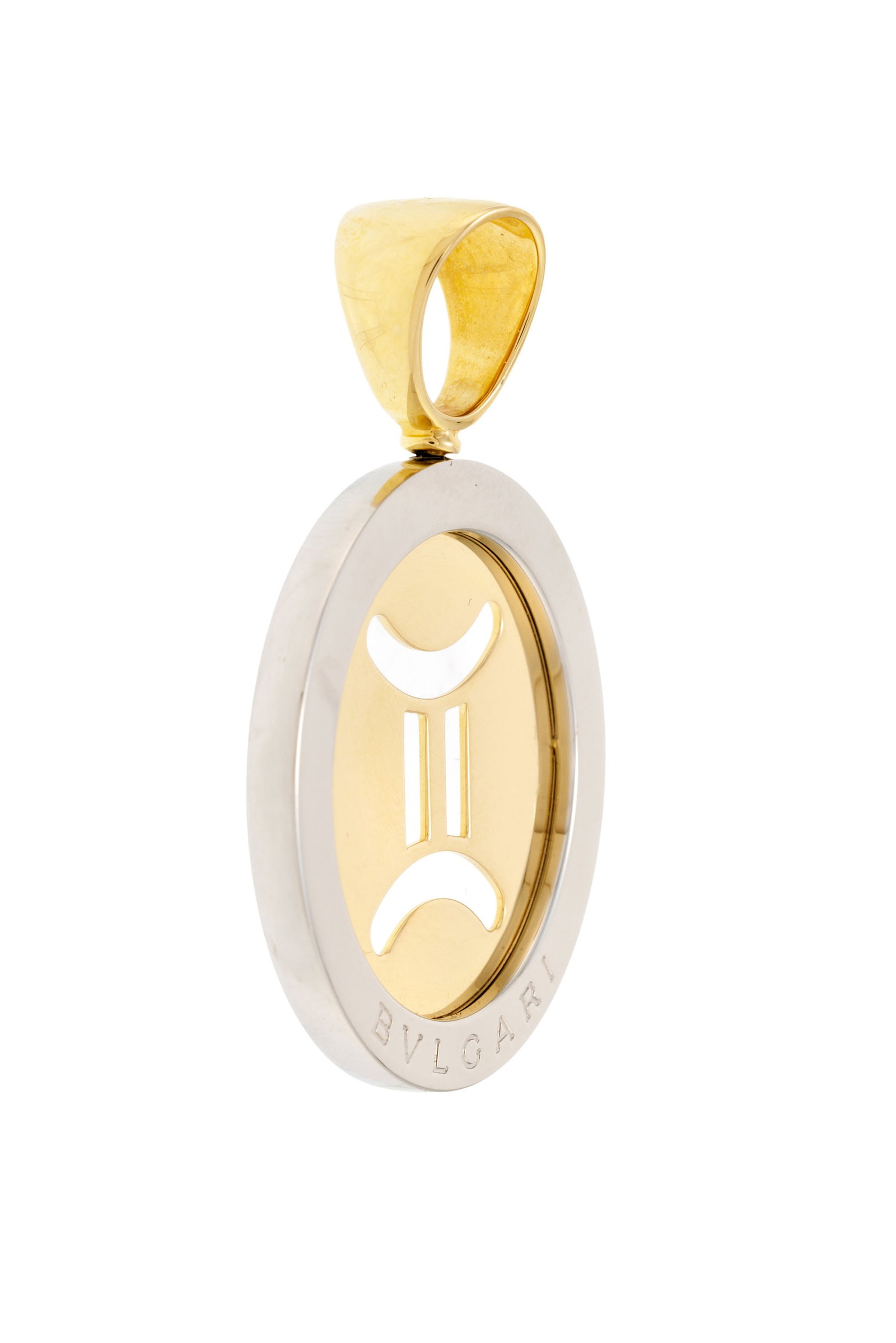Bulgari, pendentif or 750 et acier ajouré du symbole des gémeaux, signé, h. 4.3 cm, 1 - 2