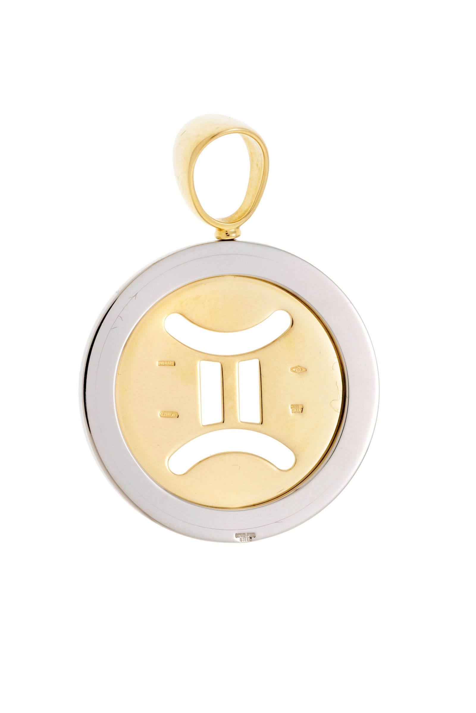 Bulgari, pendentif or 750 et acier ajouré du symbole des gémeaux, signé, h. 4.3 cm, 1 - 3
