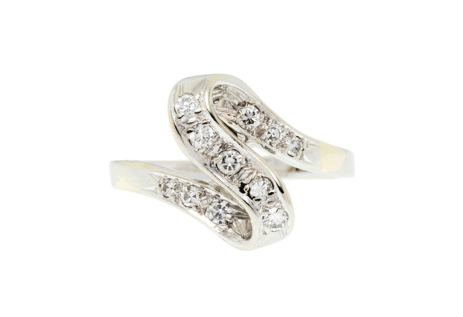 Bague or gris 750 stylisant un ruban serti de diamants taille brillant et 8/8, doigt 52-12, 3g (1 of 4)