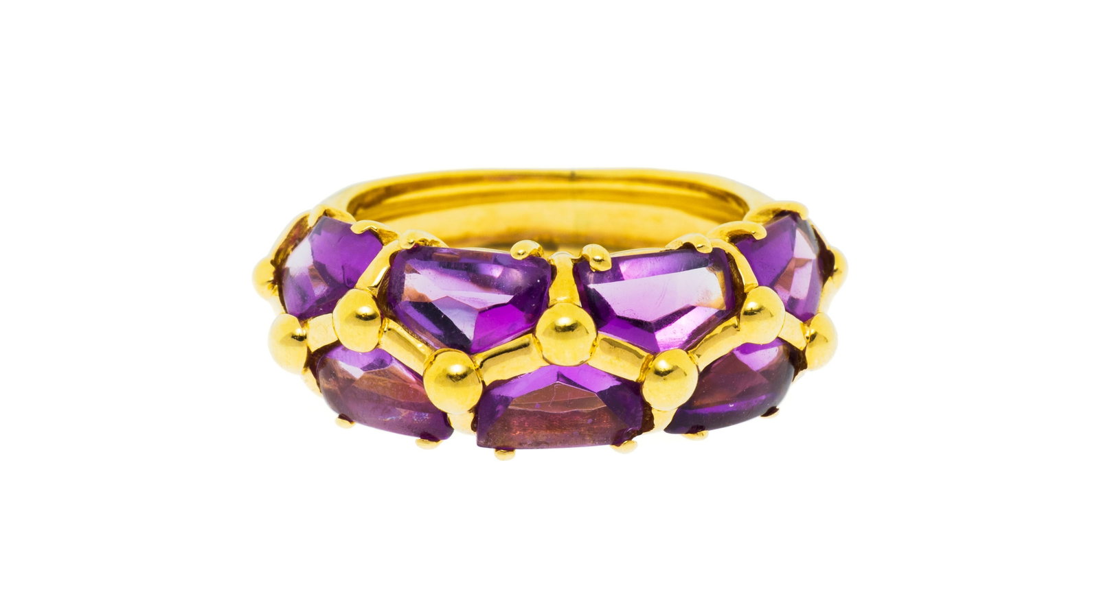 Bague or 750 sertie de deux lignes d'améthystes polies, doigt 49-9, 6g: Bague or 750 sertie de deux lignes d'améthystes polies, doigt 49-9, 6g Condition Monture: Bon état de conservation général. Présence de rayures et micro rayures d'usage normal
