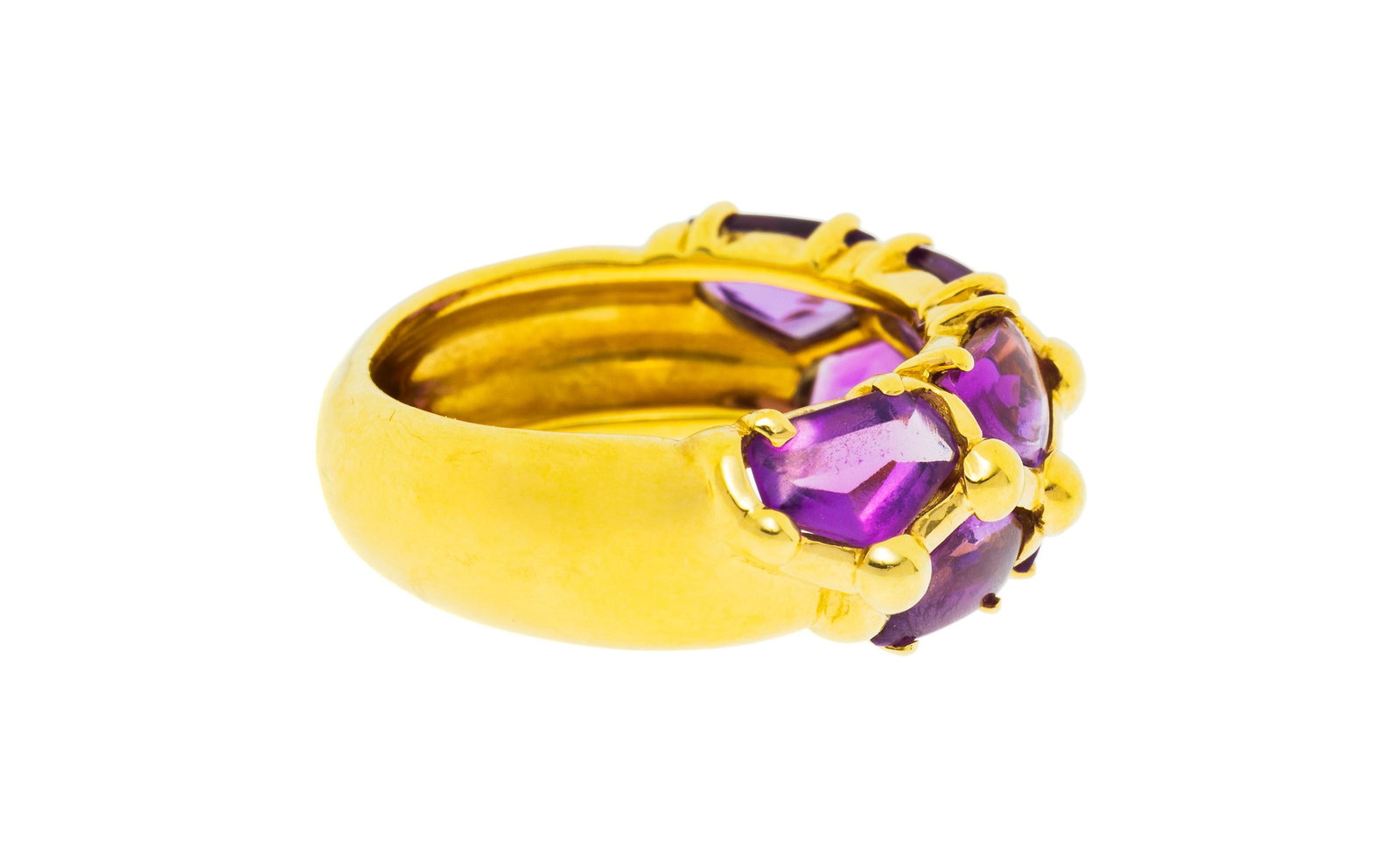 Bague or 750 sertie de deux lignes d'améthystes polies, doigt 49-9, 6g - 2
