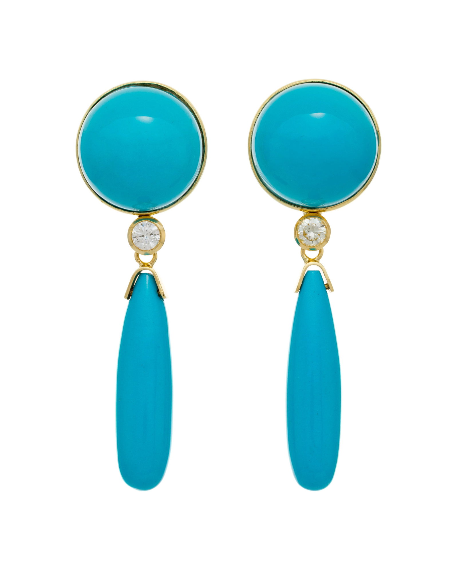 Paire de pendants d'oreilles or 750 sertis de cabochons et de gouttes de turquoise alternées de (1 of 4)
