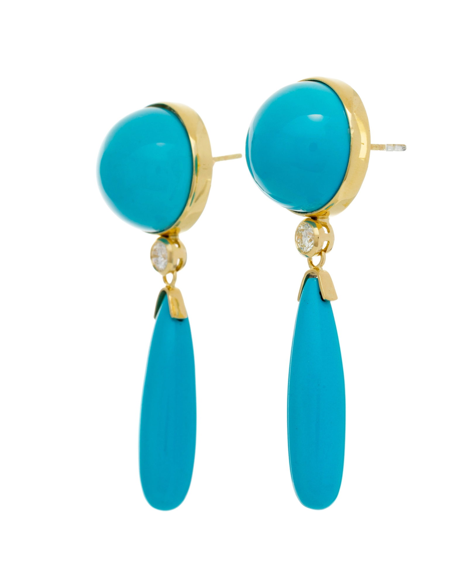 Paire de pendants d'oreilles or 750 sertis de cabochons et de gouttes de turquoise alternées de - 2
