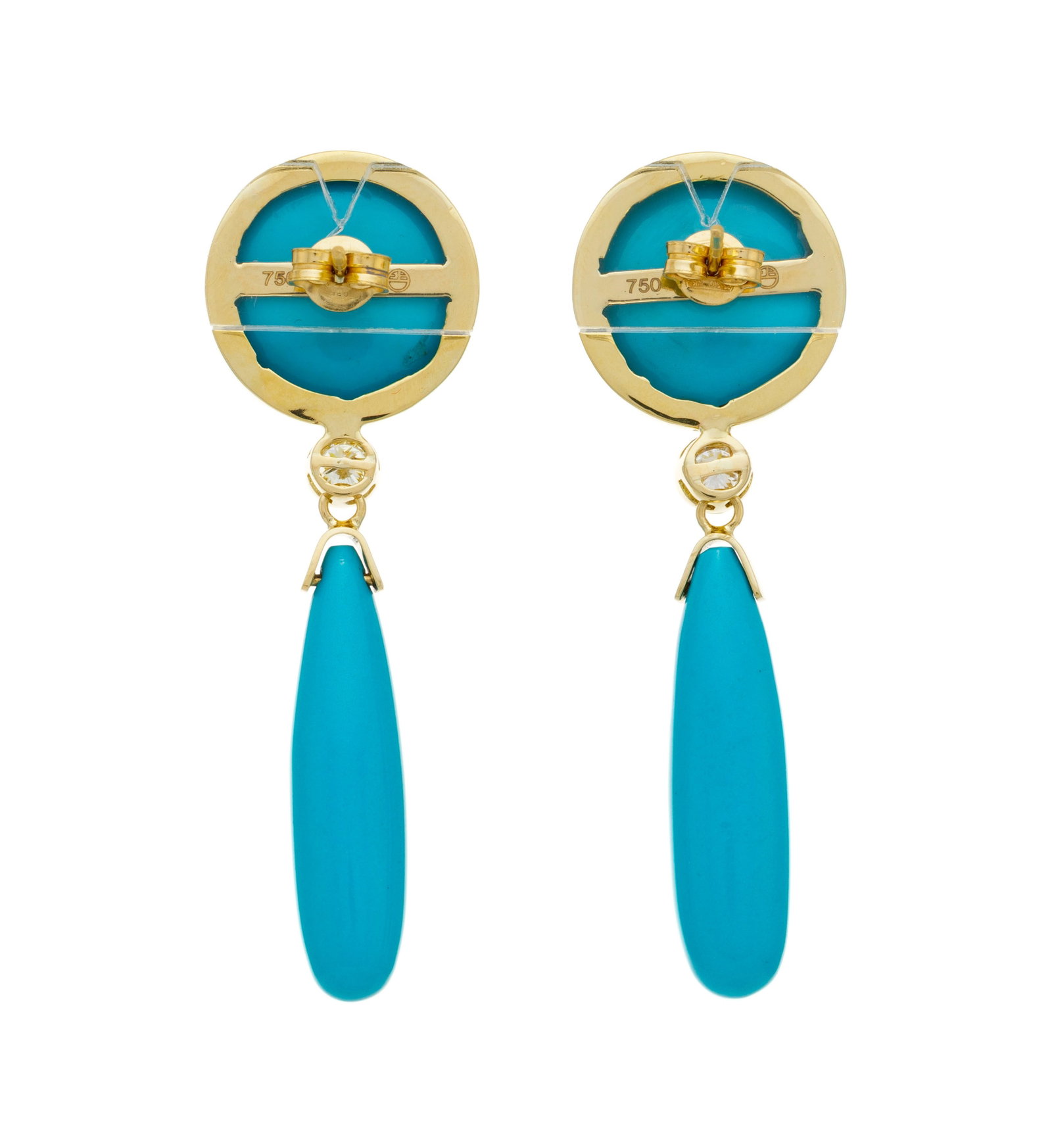Paire de pendants d'oreilles or 750 sertis de cabochons et de gouttes de turquoise alternées de - 3