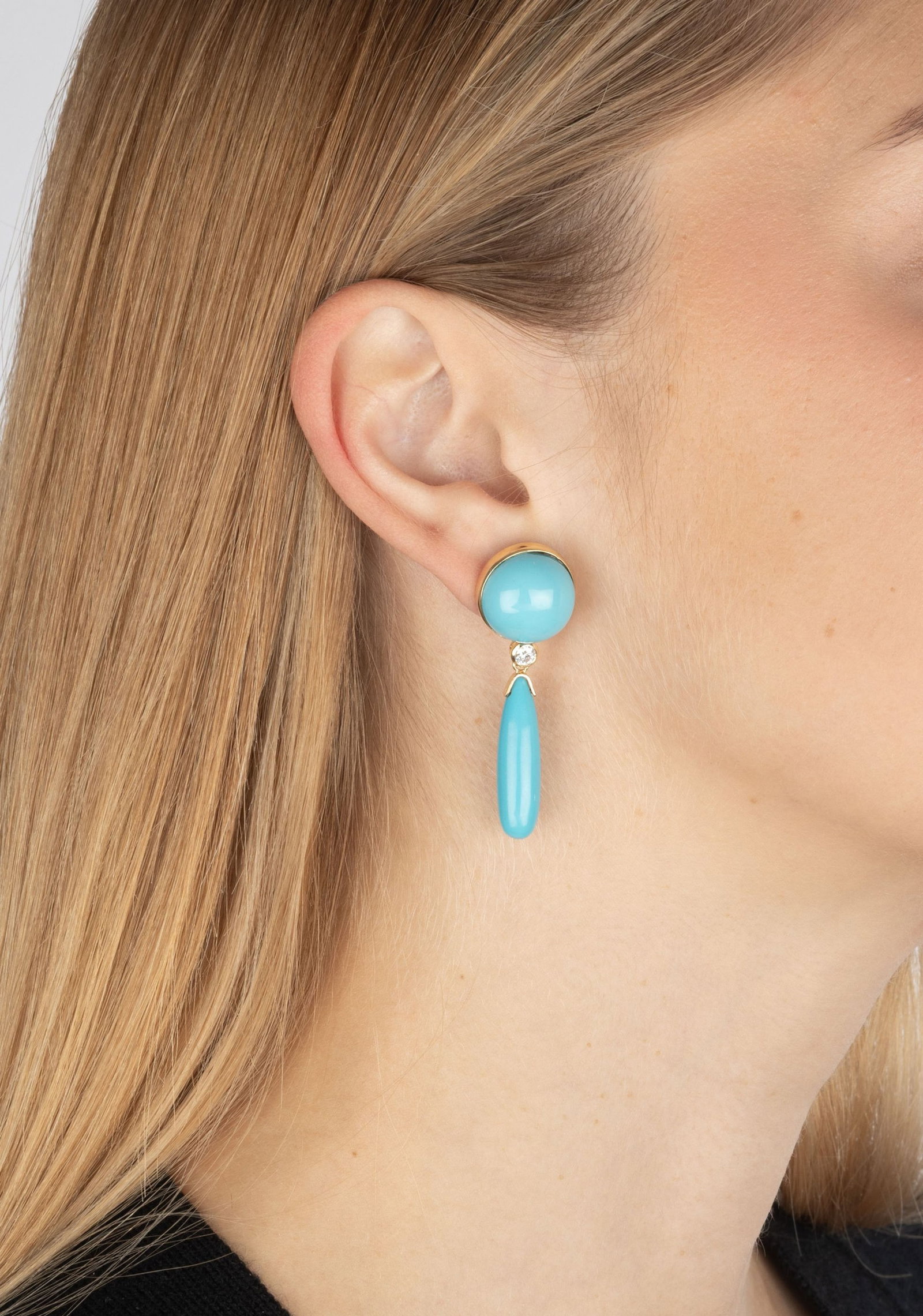 Paire de pendants d'oreilles or 750 sertis de cabochons et de gouttes de turquoise alternées de - 4
