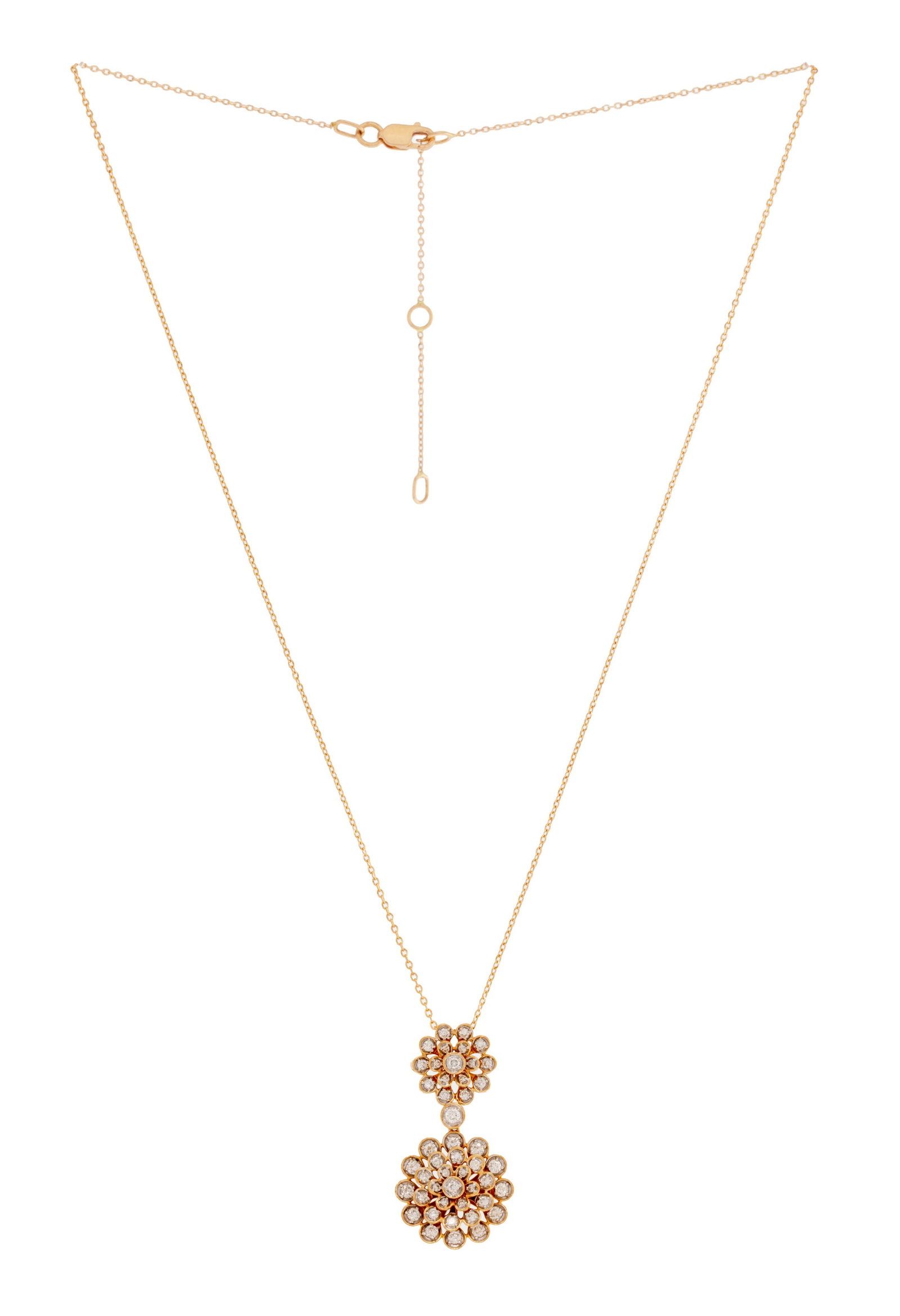 Pendentif fleurs or rose 750 serti de diamants taille brillant, sur une chaîne en or rose 750 &: Pendentif fleurs or rose 750 serti de diamants taille brillant, sur une chaîne en or rose 750 à maille forçat, h. 2.7 cm, long. 39, 42 ou 44 cm, 4g Condition Très bon état de