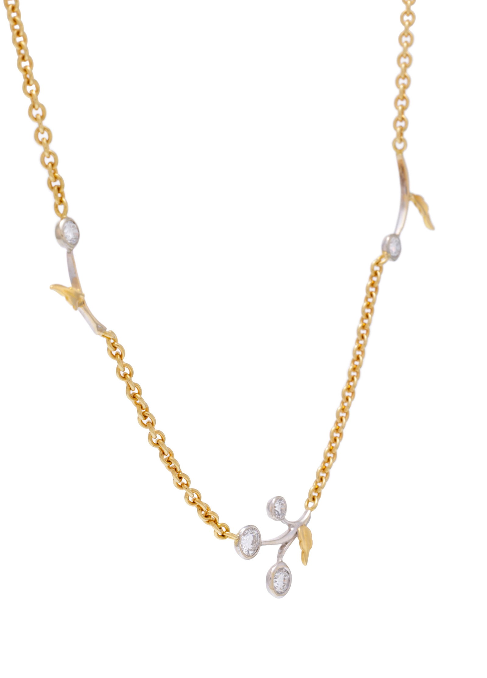 Collier 2 ors 750 chaîne à maille forçat alternant des motifs floraux serti de diaman - 2